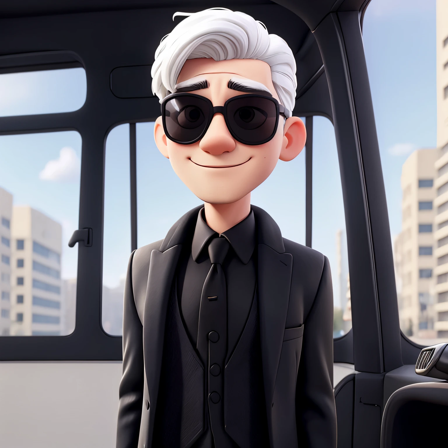 Create playboy wear sunglasses with black suit, have white hair