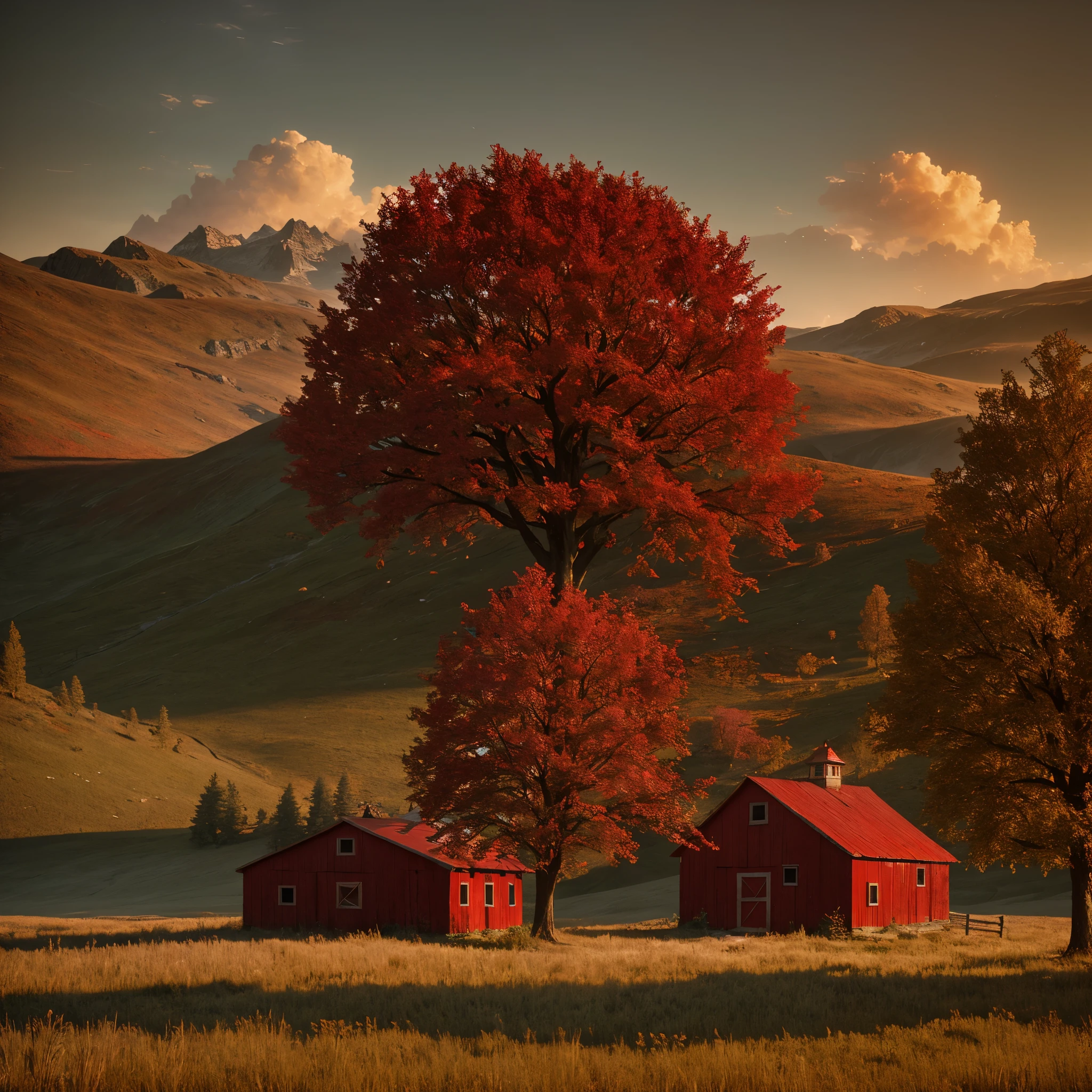 Red tree, house, barn, art by Max Rive and Ryan Dyar, octane render, Unreal engine 5, kodak style