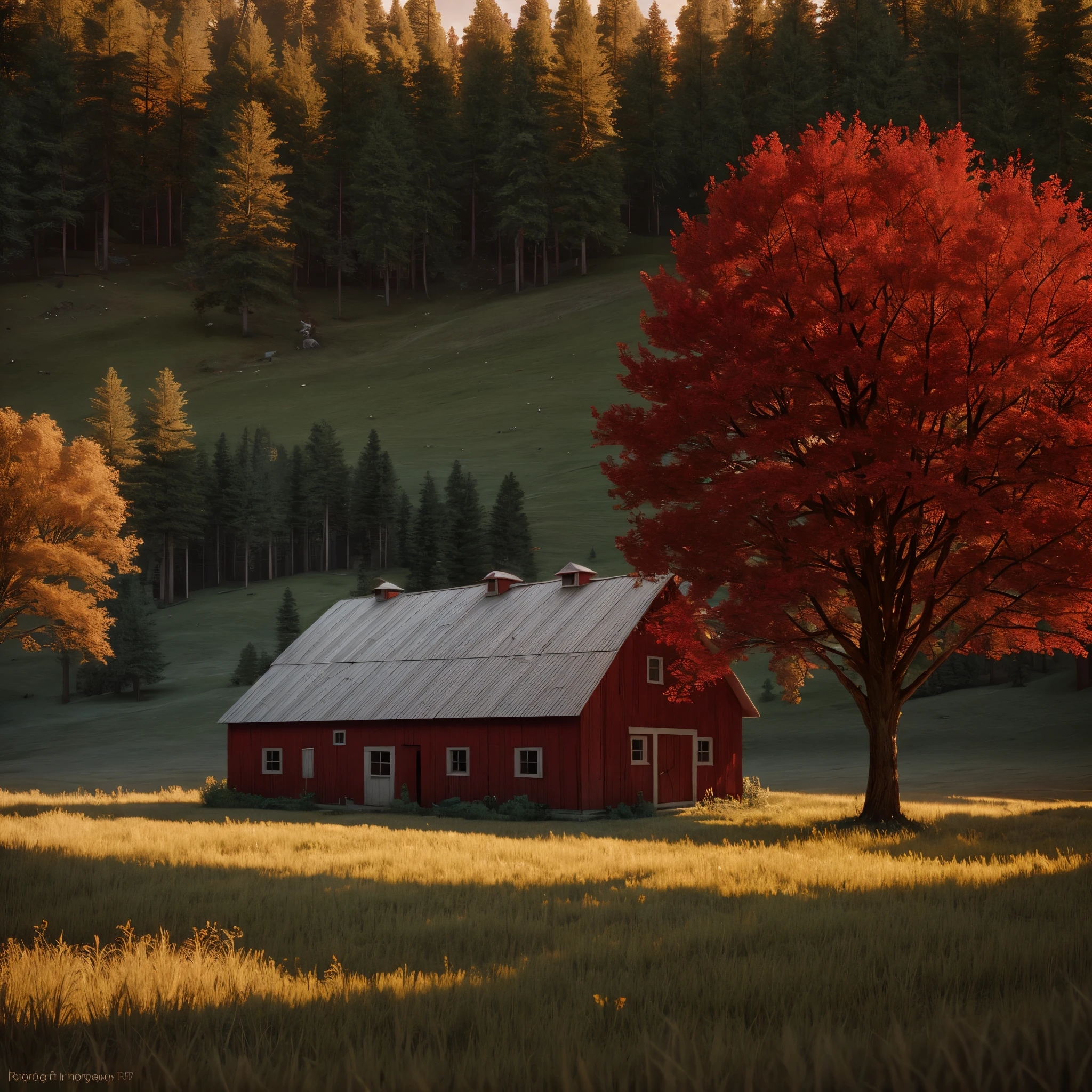 Red tree, house, barn, art by Max Rive and Ryan Dyar, octane render, Unreal engine 5, kodak style