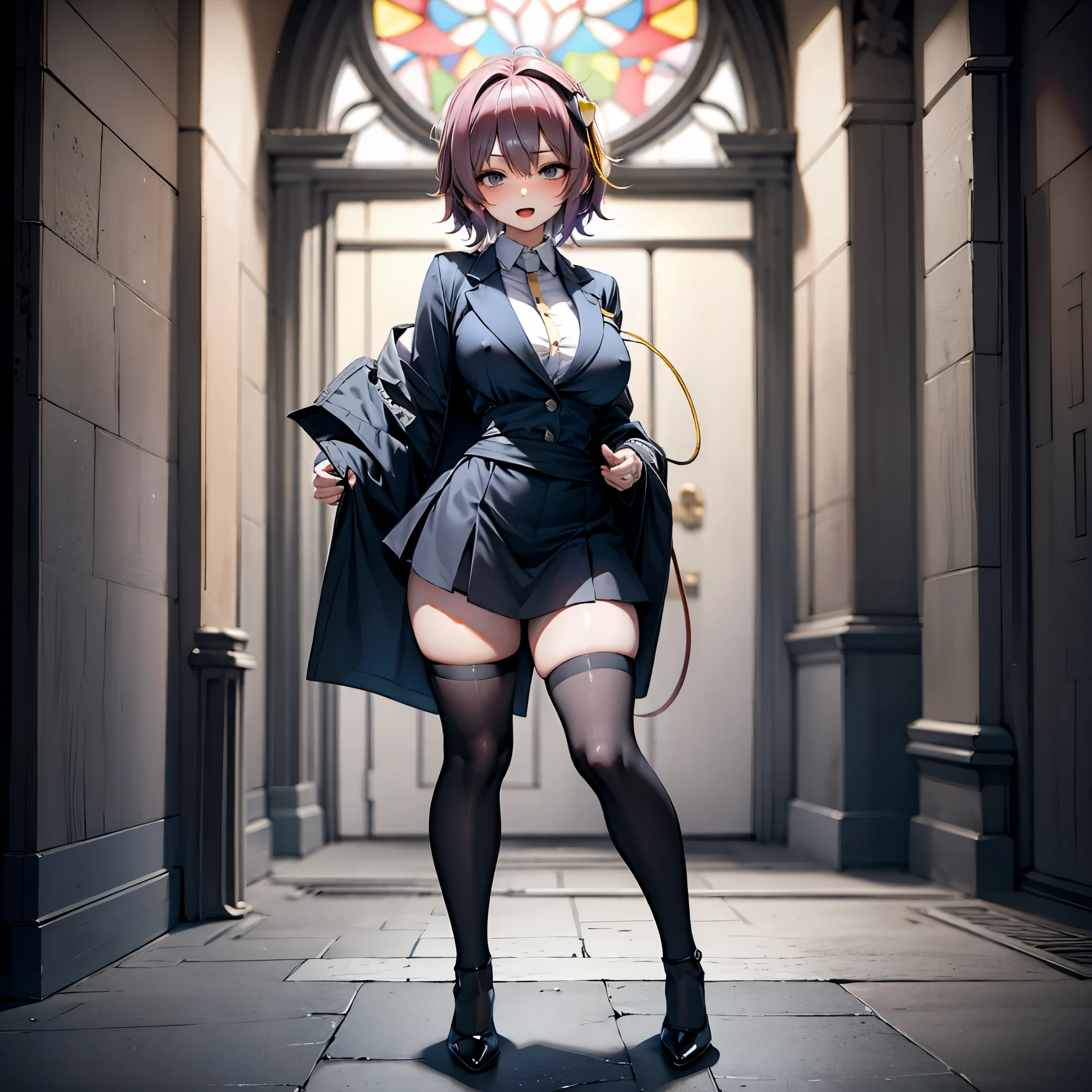 (Satori toho character:1.1), (solo), (standing), (stained glass), BREAK, short hair, (large perky breasts), (inconceivably short torso), (inconceivably thin waist:1.2), (very long legs), BREAK, (black blazer:1.3), (black thighhighs:1.35), (very short black high-waist skirt:1.3) cinches waist too tight, (highheels), BREAK, nose blush, sad smile, open mouth, BREAK, masterpiece, ultra-detailed, full body