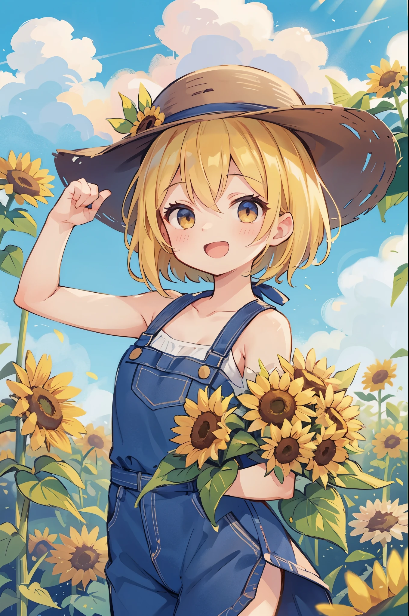 A female artist who expresses sunflowers with her body is、Open mouth and laugh、cute pose、wearing a hat made of sunflowers、The background is solid blue.