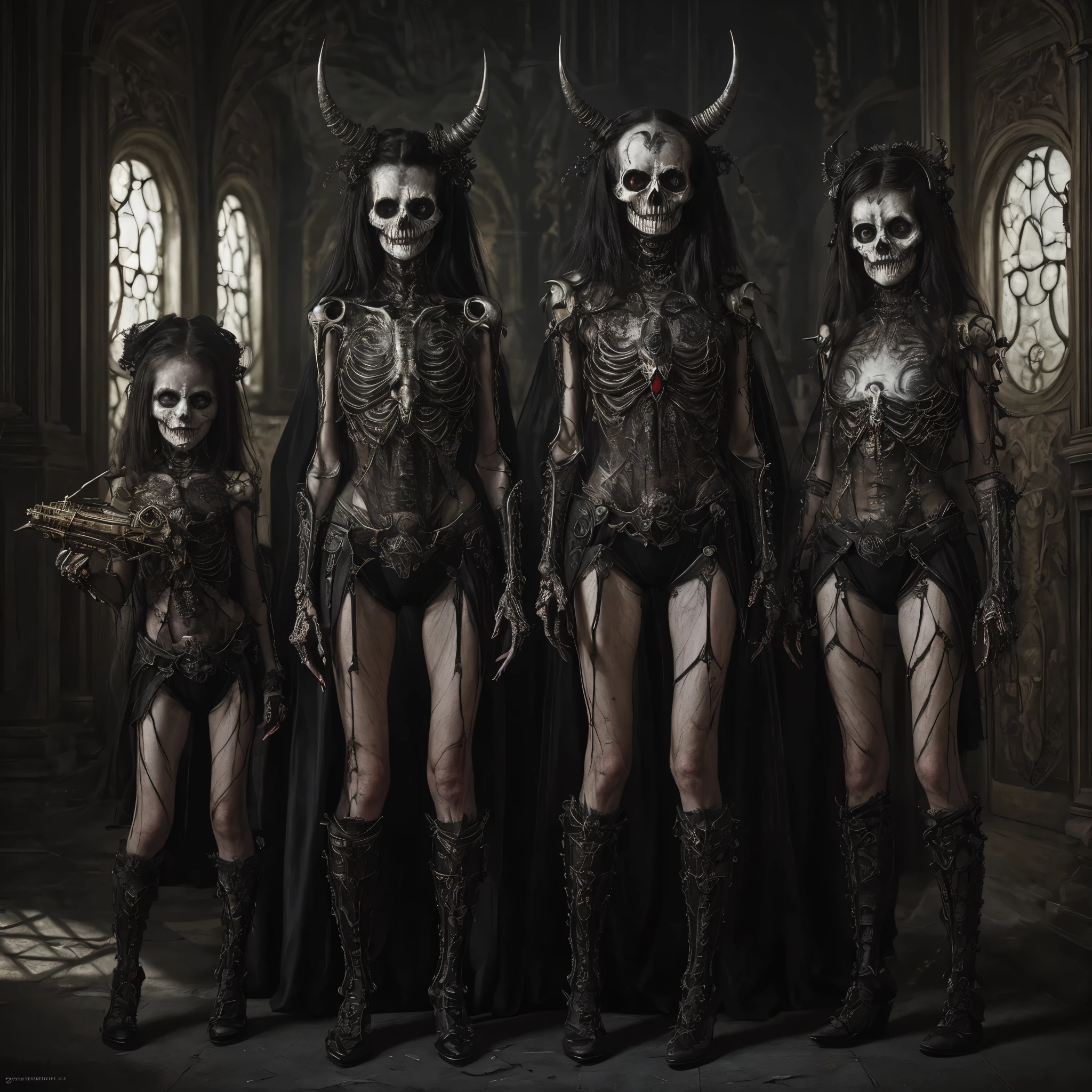 little girls from this artwork, in the style of otherworldly grotesquery, sci-fi baroque, photorealistic painting, darkly comedic, precisionist, devilcore, skeletal