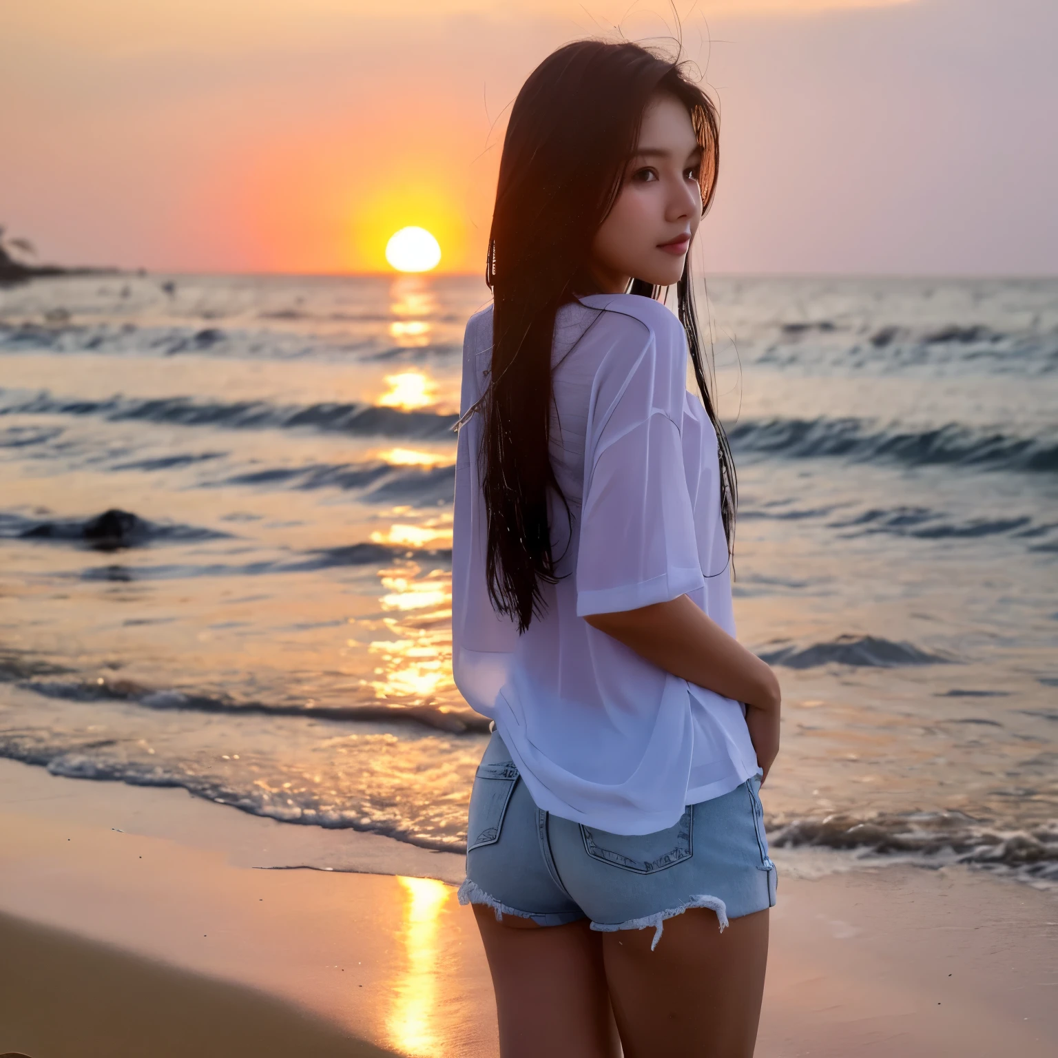 Beautiful local Indonesian chaby girl, very long hair straight, legs loose, wet wearing tight white t-shirt, shorts, blue jeans on the beach, walking on white sand while playing rainwater, facing the sunset 24k HD real detail pict