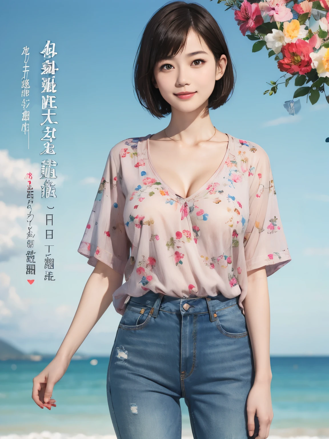 157
(Shorthair:1.46), (a 20 yo woman, standing), (A hyper-realistic), (Masterpiece), (8KUHD), (gentle smile), Slender waist, Wearing jeans, ((Floral Clothing - T-Shirts)), Wearing long pants, abstract splash painting, splash on the beach, (doodle:1.46), (breasts:1.46), (口紅)