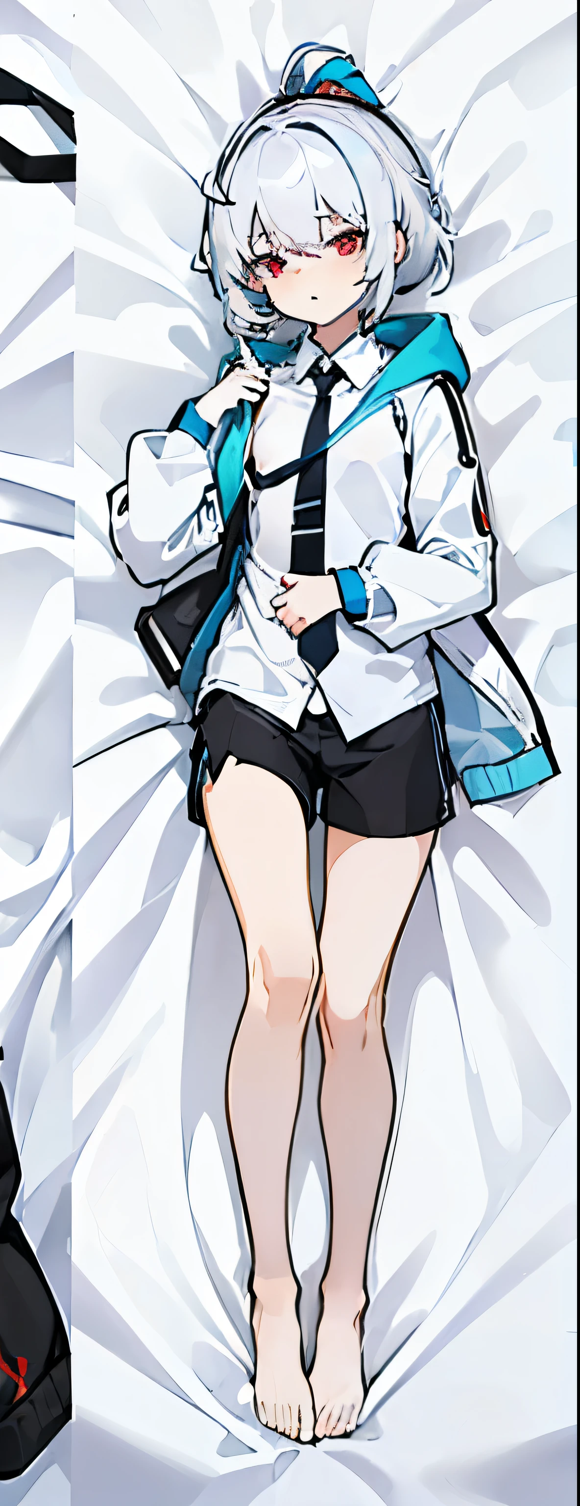 (pillow:1.5 ),masterpiece,best quality,Extremely detailed CG unified 8k wallpaper,alone,Shemale,(((flat chest))),white hair,short hair ponytail,(red eyes),(Casual hoodie),((white collar shirt)),(bright blue tie),black shorts,on the bed