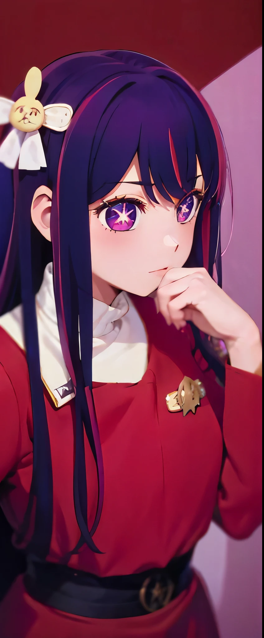1 solo Hoshino Ai, long hair, purple hair, streaked hair ,purple eyes, star-shaped pupils, hair ornament, red wokunf uniform