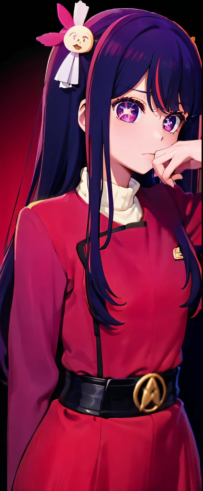 1 solo Hoshino Ai, long hair, purple hair, streaked hair ,purple eyes, star-shaped pupils, hair ornament, red wokunf uniform