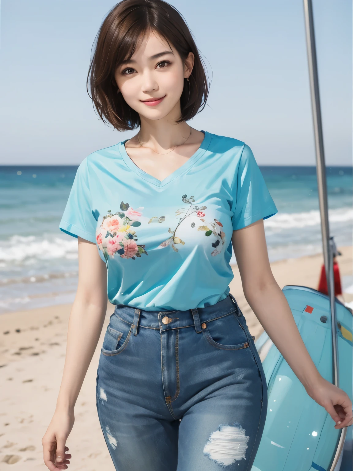 157
(Shorthair:1.46),  (a 20 yo woman, standing), (A hyper-realistic), (Masterpiece), (8KUHD), (gentle smile), Slender waist, Wearing jeans, ((Floral Clothing - T-Shirts)), Wearing long pants, abstract splash painting, splash on the beach, (doodle:1.46), (breasts:1.46), (口紅)
