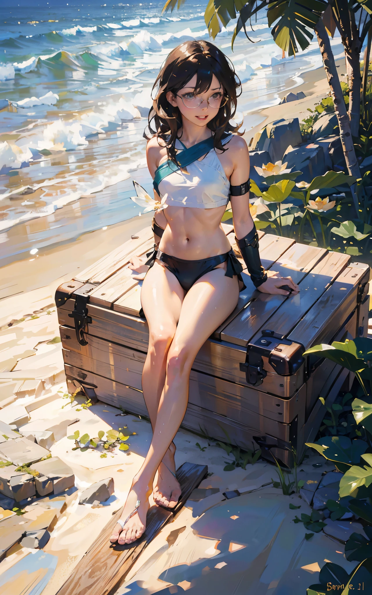 (Gal Gadot:Evangeline Lilly), (looking at viewer, light smile, ), brown hair, brown eyes, long hair, hair_flying, Fluttering hair, flying_hair, ((Transparent glasses, glasses, glasses_on_nose)), red bikini, ((small breasts, )), sexy, charming, stunning, enhance, delicate, (pale skin, real_skin), sunlight, summer, towel, beach, , outdoor, lotus position,
best quality, high quality, highres, 8k, photo realistic, raw photo, cannon, nikon,