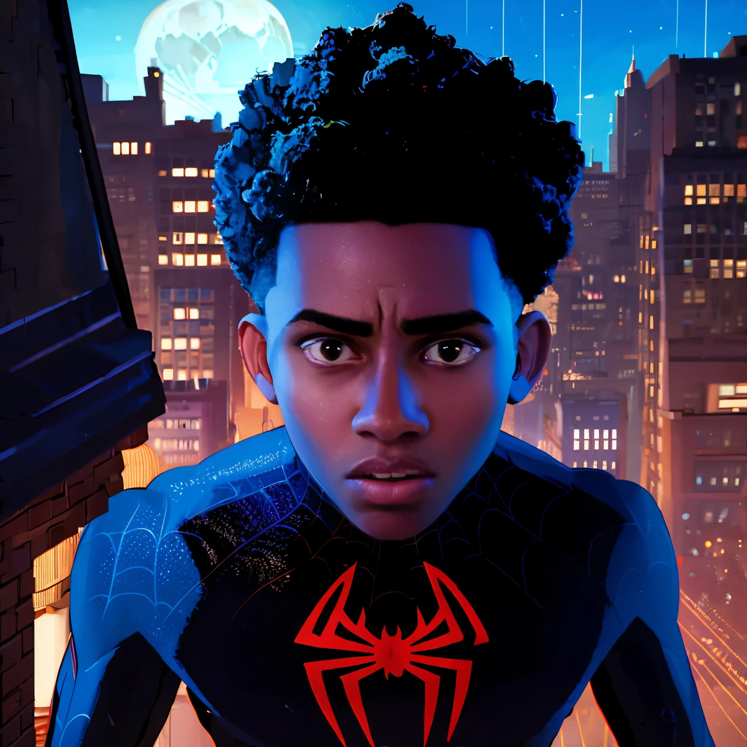 Across the Spider-Verse style. Cinematic portrait of Miles Morales Wearing Spider-Man's black uniform, in an epic dynamic pose on top of a building under the moonlight.  Emotional facial expression.  The night is calm and the atmosphere is tense. Highly detailed, detailed face, intricate, vivid colors, realistic, 