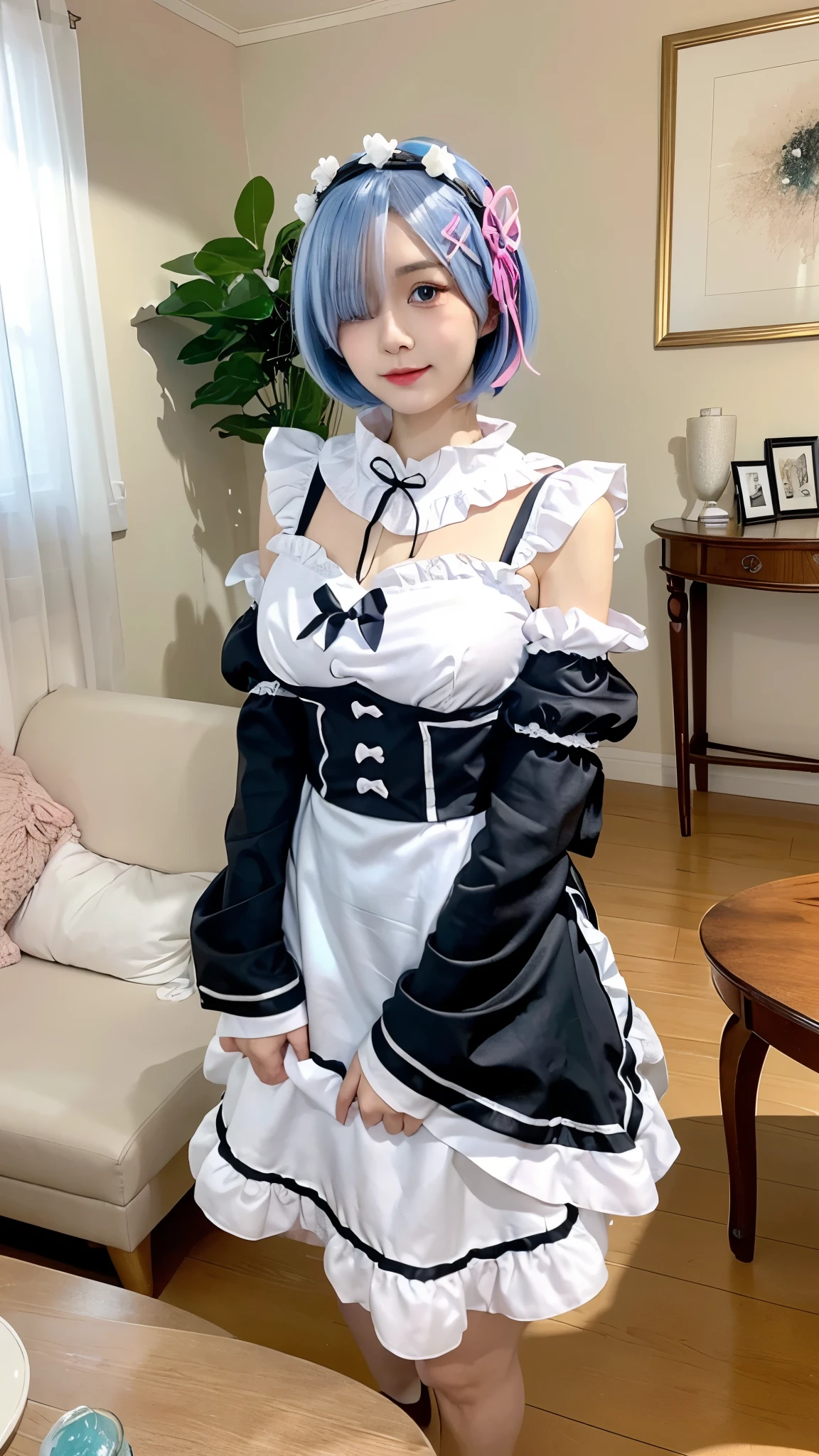 R_it is_meter, 1 girl,(beautiful face:1.25) short blue hair, blue eyes, hair above one eye, hair ornaments, pink hair ribbon, Rem&#39;s maid outfit, removed sleeve,  Upper body, Are standing,indoors, living room, sofa, table, window