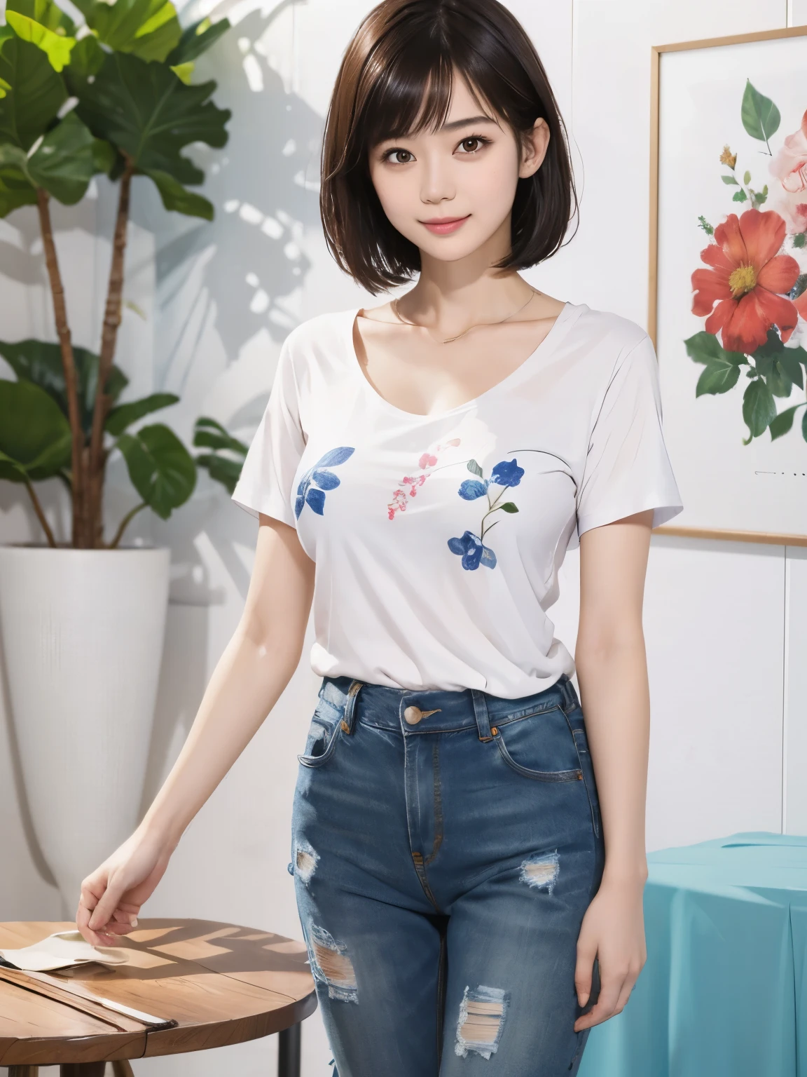 157
(Shorthair:1.46), (a 20 yo woman, standing), (A hyper-realistic), (Masterpiece), (8KUHD), (gentle smile), Slender waist, Wearing jeans, ((Floral Clothing - T-Shirts)), Wearing long pants, abstract splash painting, splash on the beach, (doodle:1.46), (breasts:1.46), (口紅)