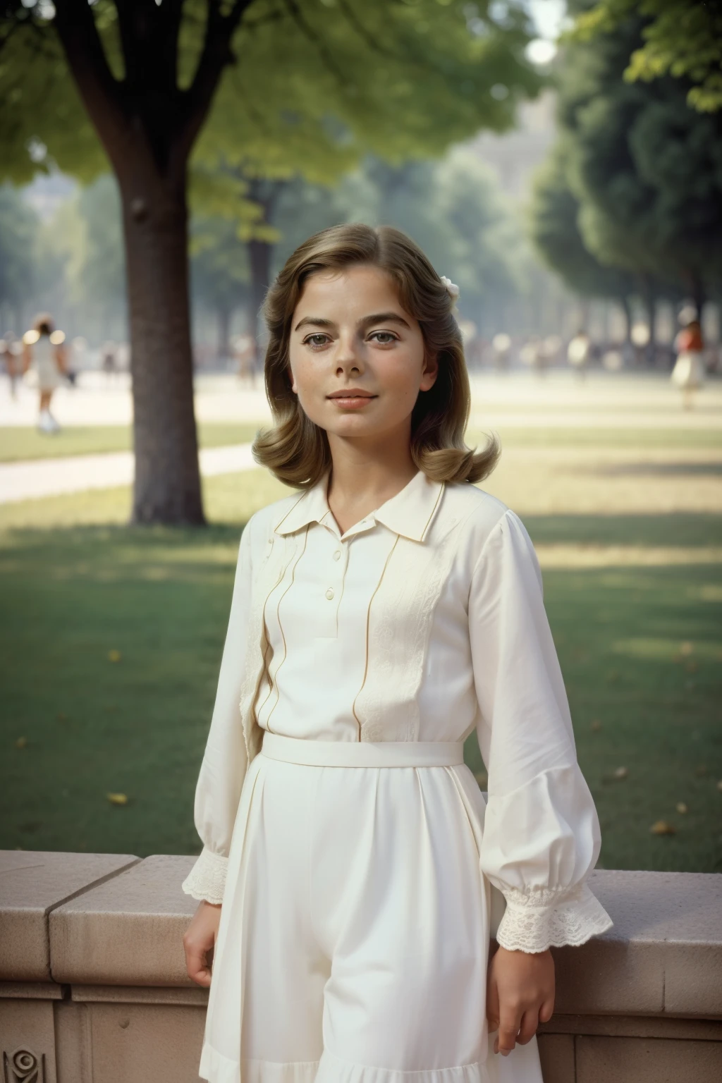 Madrid, Spain, 1973. A little ((((10-year-old)) Ingrid Bergman)), at the Retiro park, ((happy)). ((((clothings from the 1970s)))), ((hairstyle of the 1970s))