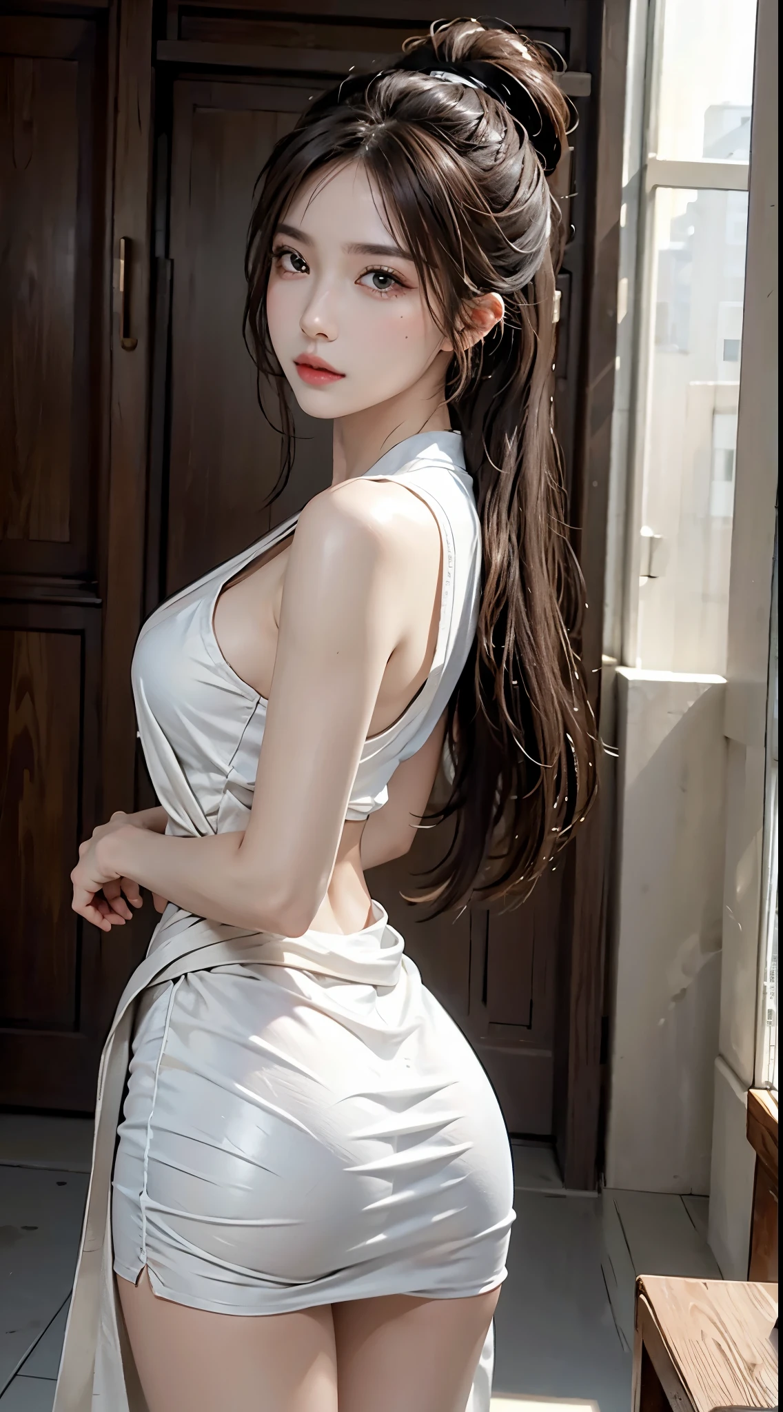 lifelike, high resolution, soft light,1 female, alone, Buttocks up, shiny skin, (Detailed face), KARATE