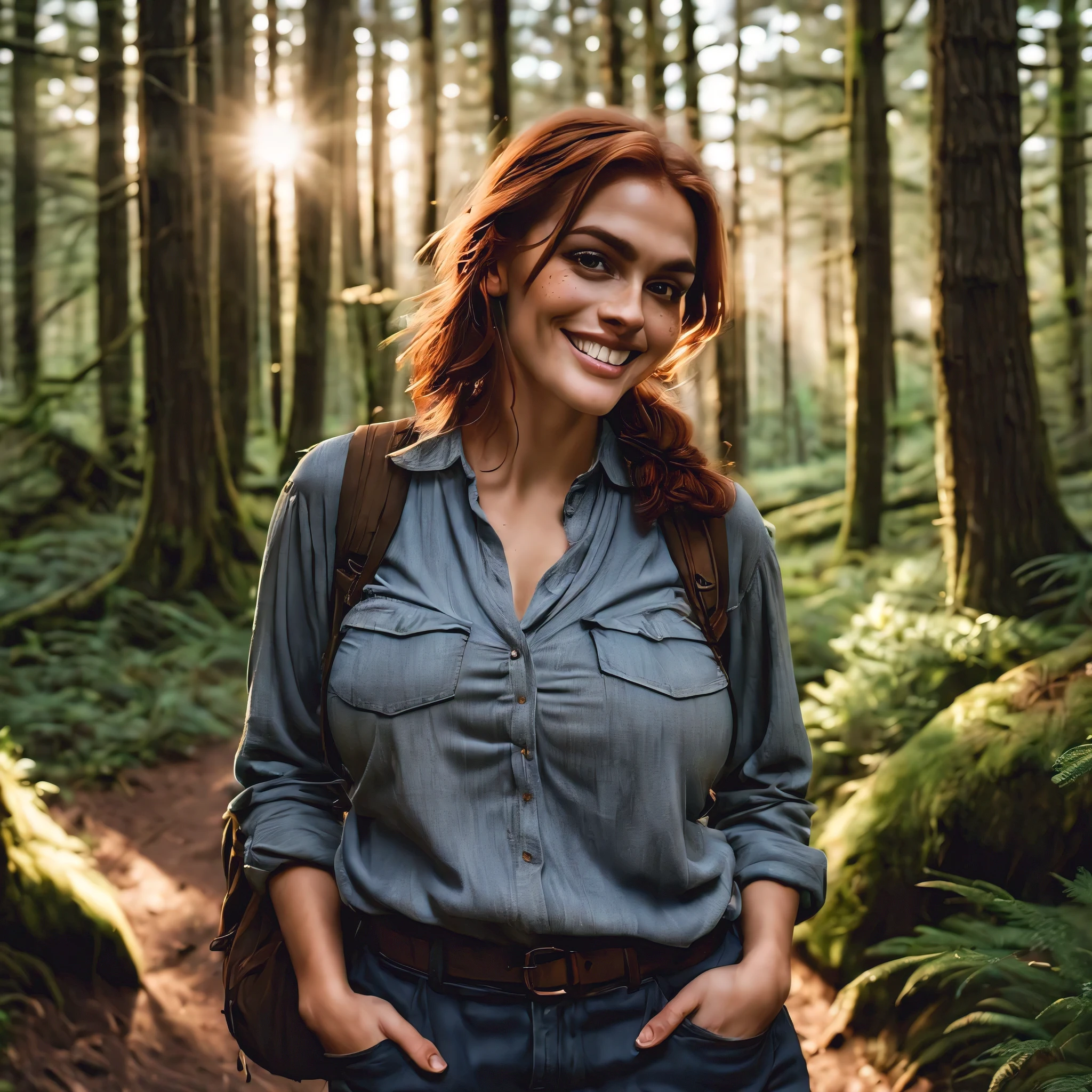 a beautiful woman in a dark evergreen forest, ancient forest, hiking up a woodland path, carrying a backpack, she has reddish-brown hair, light skin and freckles, strong black eyebrows and high cheekbones, (brown eyes), downturned eyes, smiling, looking at the camera, she has a voluptuous figure and very large breasts, she's wearing a linen blouse and stonewashed blue jeans, twilight, sun is setting behind the trees
