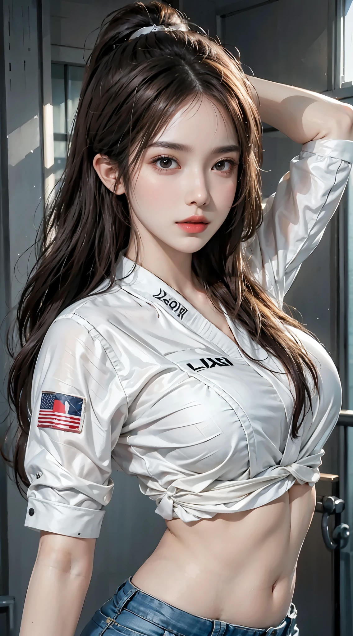 Masterpiece: 1.2, Best Quality), Realism, (Real Pictures, Intricate Details, Depth of Field), (1girl, Solo), Fair Skin, Delicate, Lee Ji-eun IU Face Shape, Lips Apart, High Detail, Perfect Face, (Huge Breasts: 1.2) Wide Buttocks, Thin Waist, Ponytail, (Girl playing volleyball, Volleyball uniform, Short skirt), (Sweating: 1), (Wet)