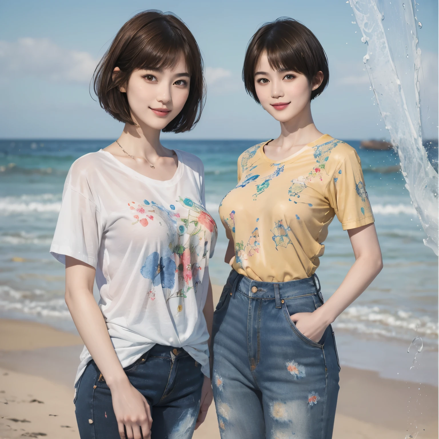 157
(Shorthair:1.46), (a 20 yo woman, standing), (A hyper-realistic), (Masterpiece), (8KUHD), (gentle smile), Slender waist, Wearing jeans, ((Floral Clothing - T-Shirts)), Wearing long pants, abstract splash painting, splash on the beach, (doodle:1.46), (breasts:1.46), (口紅)