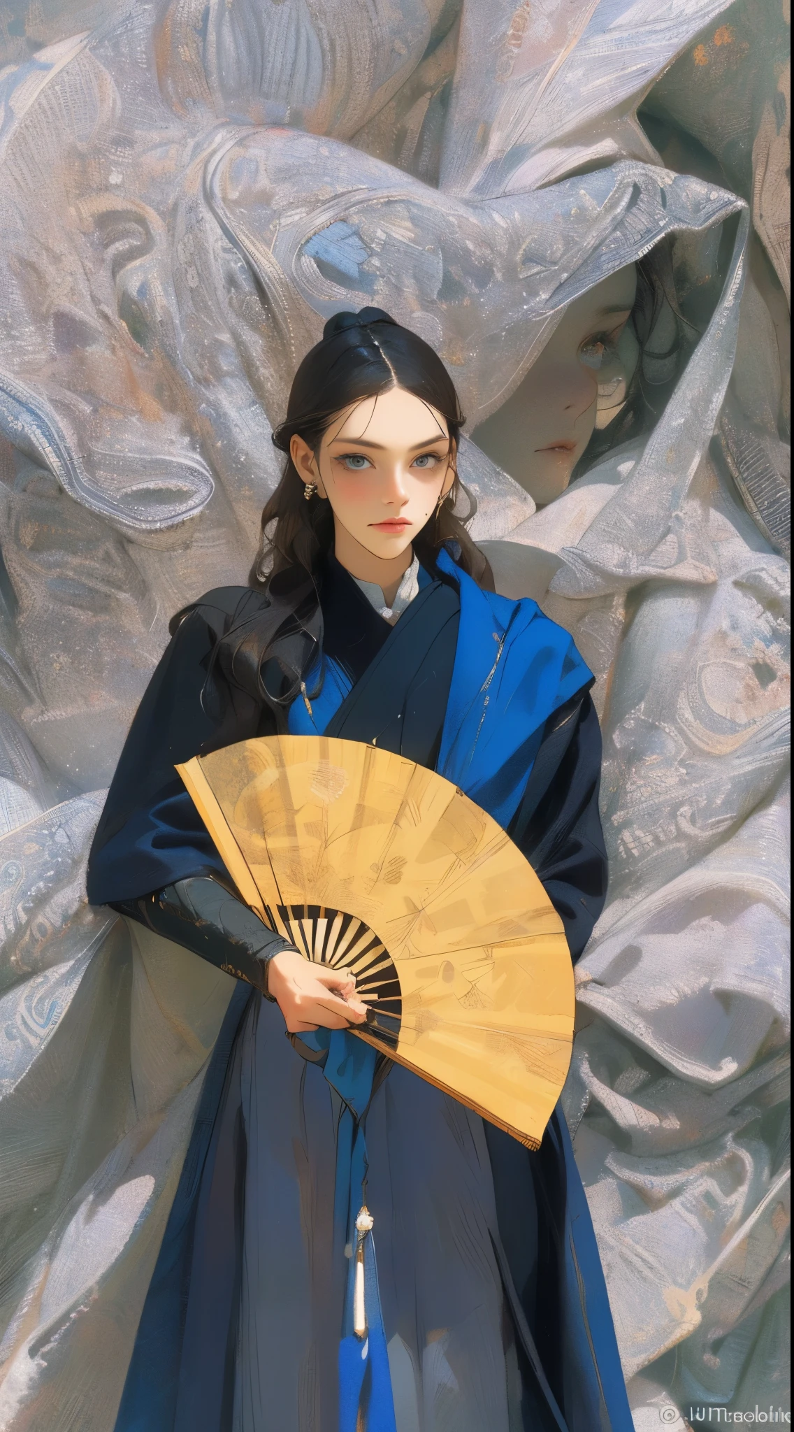 a girl,Holding a folding fan in hand,Wearing ancient costume,Handsome sister,best quality,Ultra-detailed,8K resolution,ultra high resolution,best picture quality,Master masterpieces,Detailed filling,Detailed depiction of the background,Extremely beautiful eyes,Delicate and perfect face,Detailed portrayal of the face,Detailed engraving of the facial expressions,Detailed portrayal of facial features,Detail portrayal of hair,Detail portrayal of the body,Detail the hands,Detail portrayal of clothes,Maximum precision, precise and perfect human body structure,facing the audience,Moisturize skin,dynamic angle
