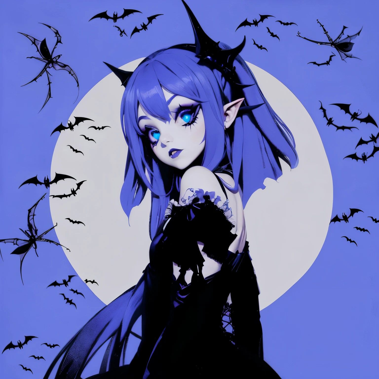 Vampire girl, gothic girl, moon, Blue background, bats, spiders, gothic make-up