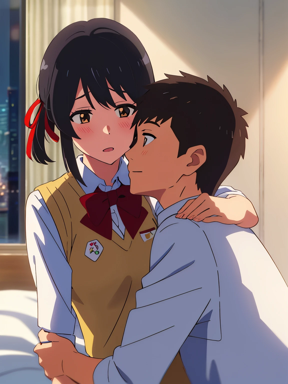 boy is behind girl, breast grope from behind, shinkai makoto, kimi no na wa., 1boy buzzcut , Katsuhiko Teshigawara, 1girl, mitsuha miyamizu, black hair, ponytial, blush, brown eyes, collared shirt, red bow, red bow, red ribbon, Ribbon, school uniform, shirt, sweater vest, upper body, vest, white shirt, yellow sweater vest, yellow vestopen shirt, shirt lift, open shirt, medium breast, red ribbon, cute, love, couple, adorable, dating, open mouth 😩, brown eyes, open eyes, indoors, night, passionate hug, lie on bed,
