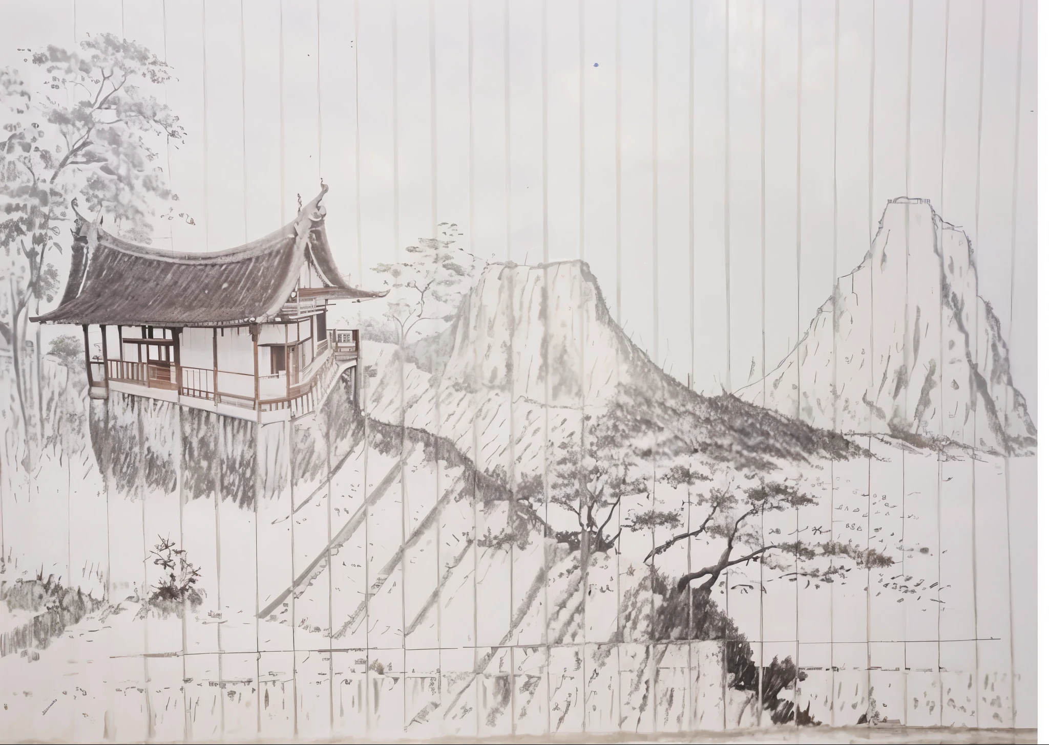 Rumah Gadang is on a hill, on the side of the cliff there are rice fields. Underneath there is a river flowing. The background is a mountain. afternoon atmosphere after rain.