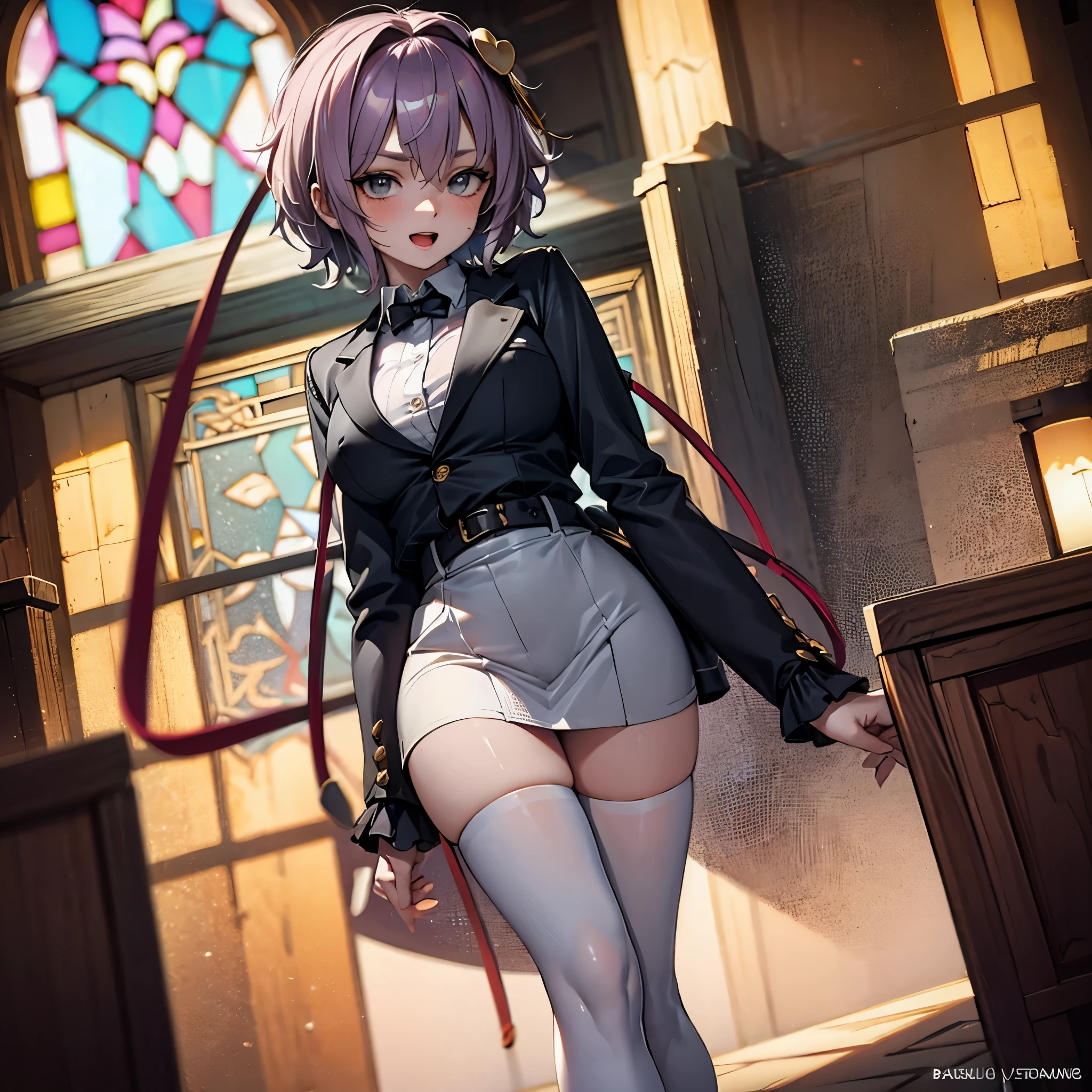 (Satori toho character:1.1), (solo), (standing), (stained glass), BREAK, short hair, (large perky breasts), (inconceivably short torso), (inconceivably thin waist:1.2), (very long legs), BREAK, (black blazer:1.3), (black thighhighs:1.35), (very short black high-waist skirt:1.3) cinches waist too tight, (highheels), BREAK, nose blush, sad smile, open mouth, BREAK, masterpiece, ultra-detailed, full body