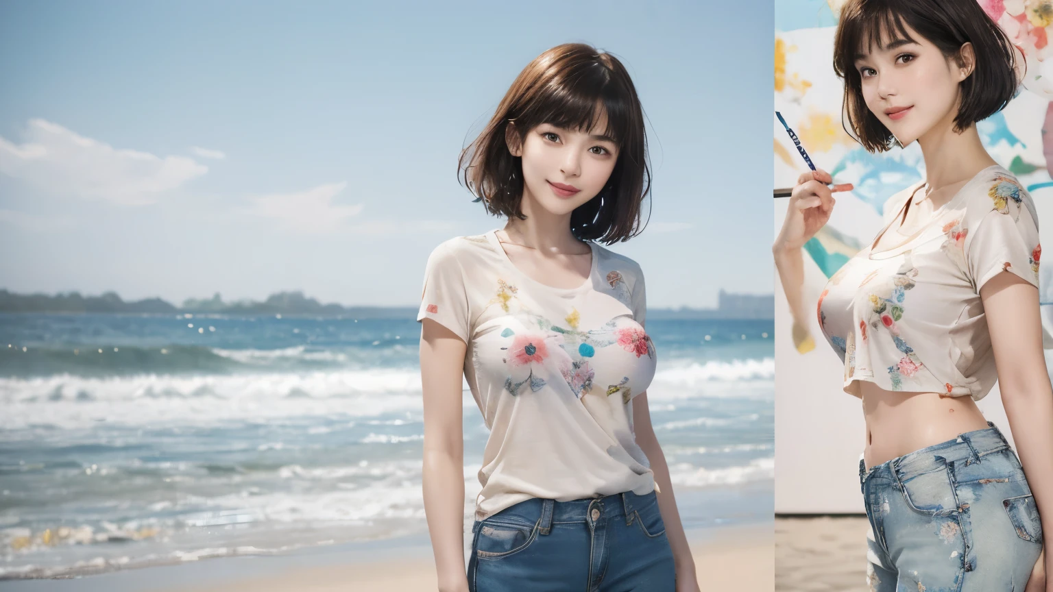 157
(Shorthair:1.46),  (a 20 yo woman, standing), (A hyper-realistic), (Masterpiece), (8KUHD), (gentle smile), Slender waist, Wearing jeans, ((Floral Clothing - T-Shirts)), Wearing long pants, abstract splash painting, splash on the beach, (doodle:1.46), (breasts:1.46), (口紅)
