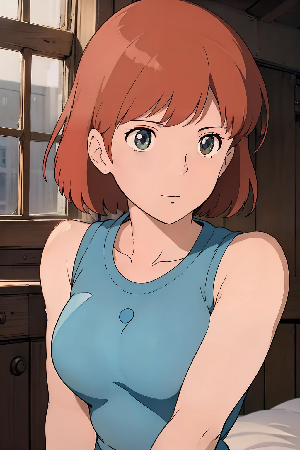 (masterpiece, best quality, high resolution, anime screencap, anime colored, 8k, photorealistic), Nausicaa, 1girl, solo, brown hair, (looking at away, cleavage), upper body, large breasts, (white tanktop), sit, bed, (perfect detailed anatomy, beautiful face&eyes, beautiful skin, perfect body)