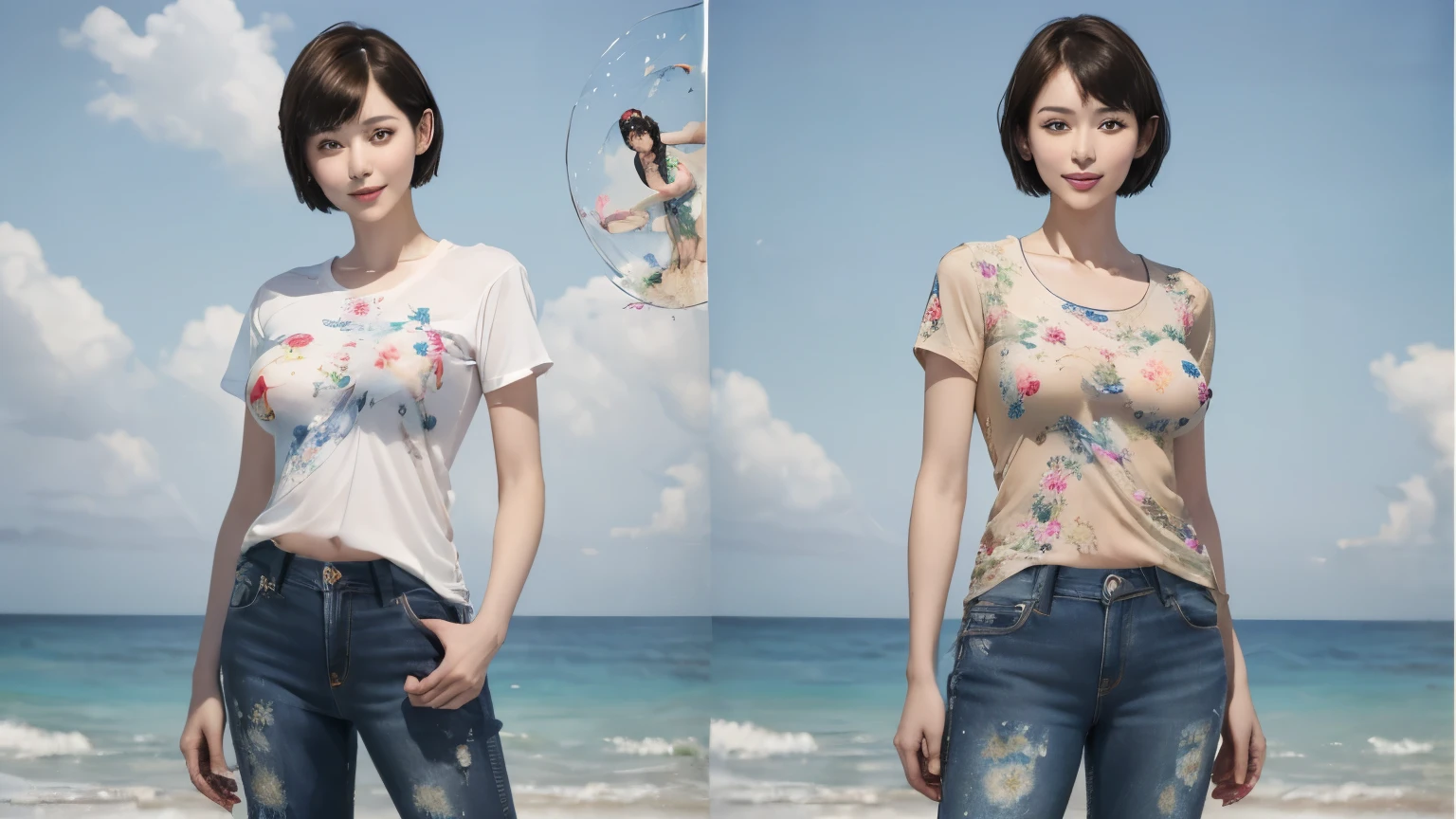 157
(Shorthair:1.46), (a 20 yo woman, standing), (A hyper-realistic), (Masterpiece), (8KUHD), (gentle smile), Slender waist, Wearing jeans, ((Floral Clothing - T-Shirts)), Wearing long pants, abstract splash painting, splash on the beach, (doodle:1.46), (breasts:1.46), (口紅)