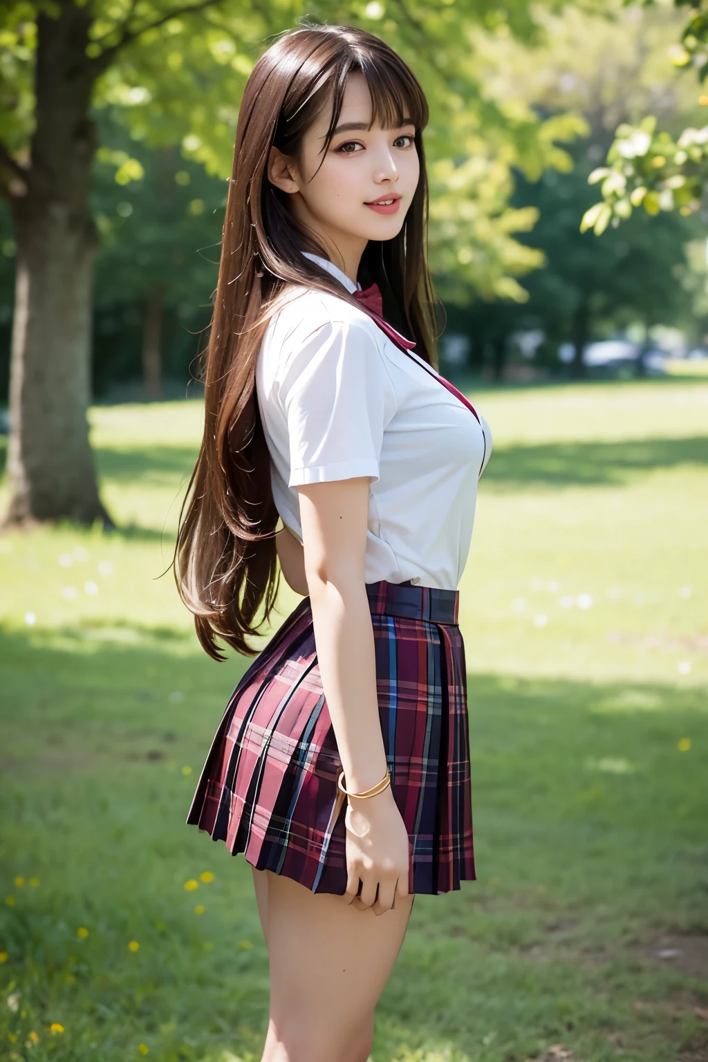 nsfw, 8K raw photo, Best quality, masterpiece, ultra high res, film grain, filmg, 1girl, looking at viewer, natural skin texture, realistic eye and face details, full lips, lipstick, (makeup), red eyeshadow, fluffy verry long hair, smile, close mouth, beautiful legs, tall female, skinny, slim_legs, solo, enormous , cleava with buttocks facinltra short skirt, ass, shirt, beautiful ure location, around flower location, (detailed background), plaid skirt, white shirt, enormous breast, cleavage, Show a cleavagh the shirt, loafers, blkground, blurry, holding, plaid, short sleeves, jk ribbon on the neck, jk ribbon, brown hair, bracelet, water, bangs, school uniform, jewelry, parted lips, lips, from side, pleated skirt, depth of field