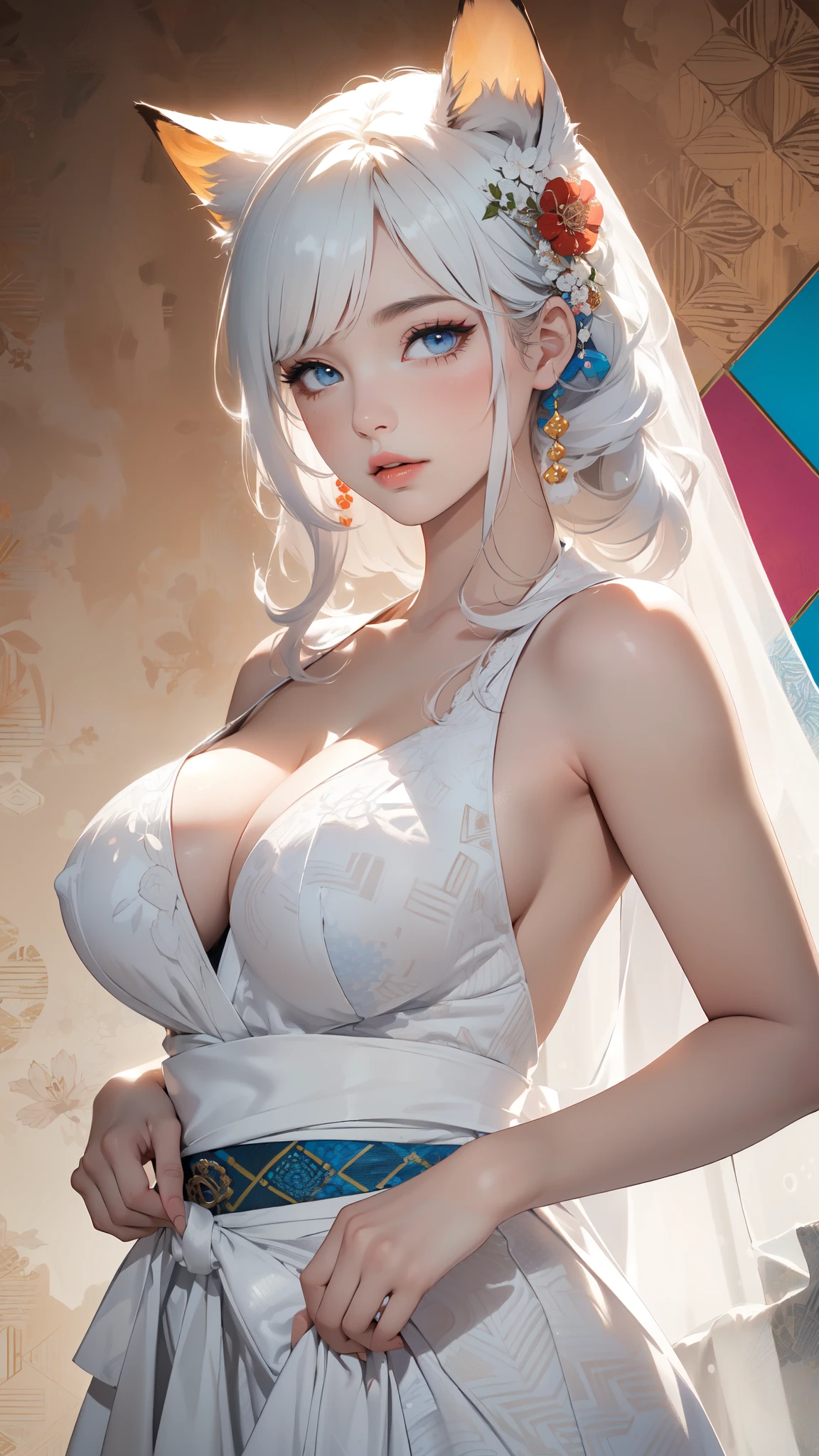 ((8k wallpaper of extremely detailed CG unit, masterpiece, hight resolution, top-quality, top-qualityのリアルテクスチャスキン)), (very beautiful and attractive woman, The upper part of the body, Landscape composition, Pose like a model, Wear a bride in white wedding dress:1.2, Japanese pattern beautiful dress:1.2), (messy, white shining hair, blue eyes, shining eyes, Plump lips, de pele branca, medium breast), (((Colorful background with geometric patterns, Japanese pattern background, warm color))), (high-angle:1.1), (hyper realisitic, digitial painting), Fox's ears, fluffy ears,