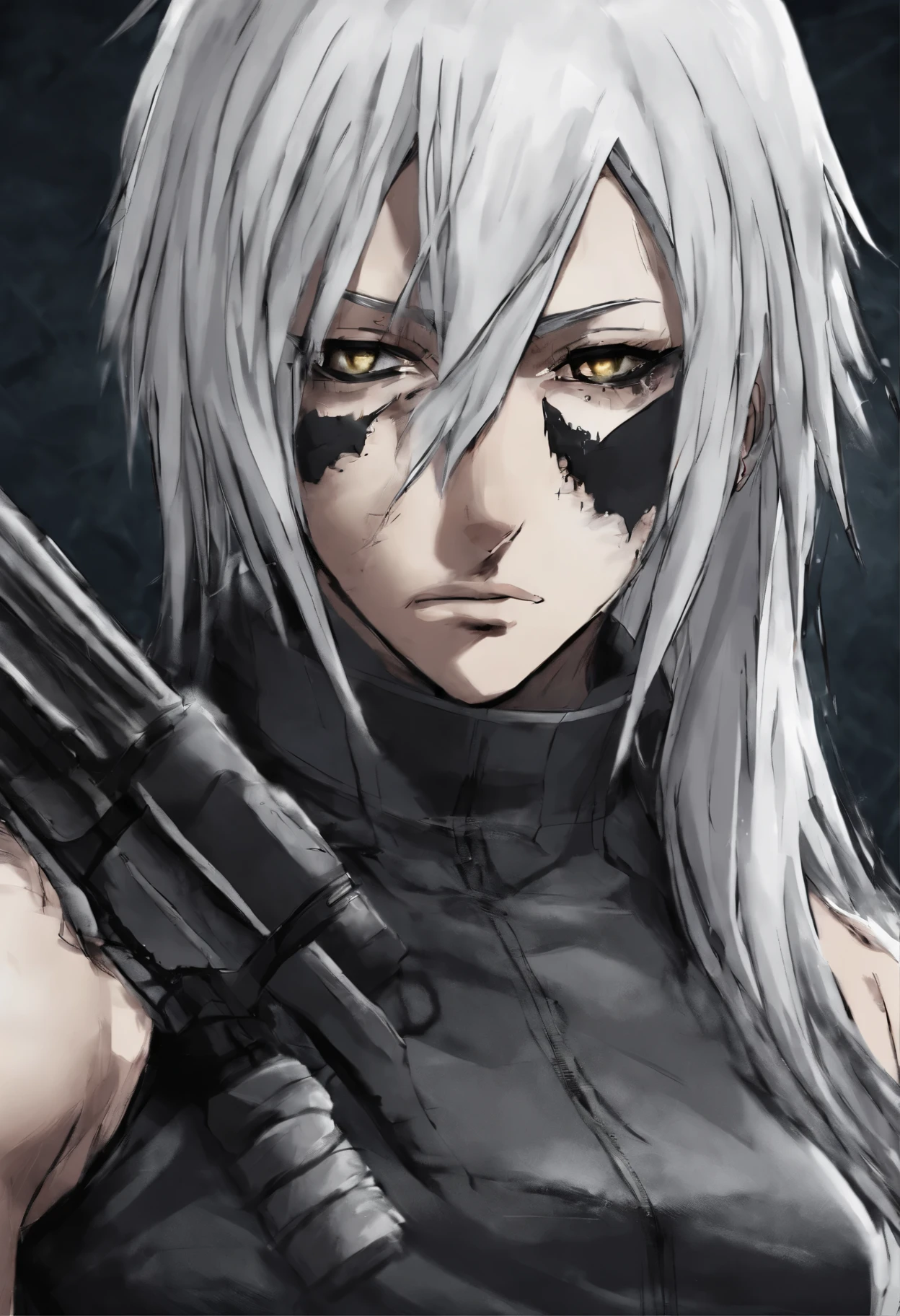 Girl's frontline AK-15, anime girl character with white hair and yellow eyes wearing a black outfit, white haired, eyepatch, black eyepatch, she has dark grey hairs, white-haired, she wears an eyepatch, with long white hair, silver haired, tifa lockhart with white hair, a silver haired mad, anime character portrait, detailed anime character art, killy from blame, muscles, tifa lockhart with white hair, muscular! white, female anime character, she is wearing a black tank top, muscular!!, annie leonhart, hajime yatate, anime character, looking like annie leonhart, [ adamantly defined abs ]!!, a muscular, white - haired , sweaty abs