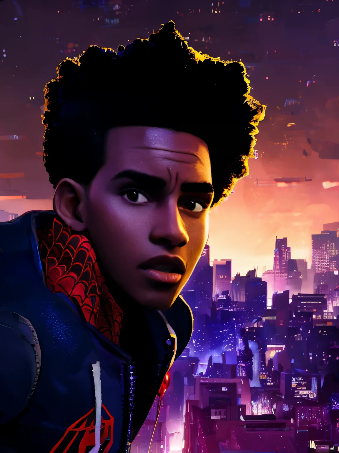 Across the Spider-Verse style. Cinematic portrait of Miles Morales Wearing Spider-Man's black uniform, in an epic dynamic pose on top of a building under the moonlight.  Emotional facial expression.  The night is calm and the atmosphere is tense. Highly detailed, detailed face, intricate, vivid colors, realistic, 