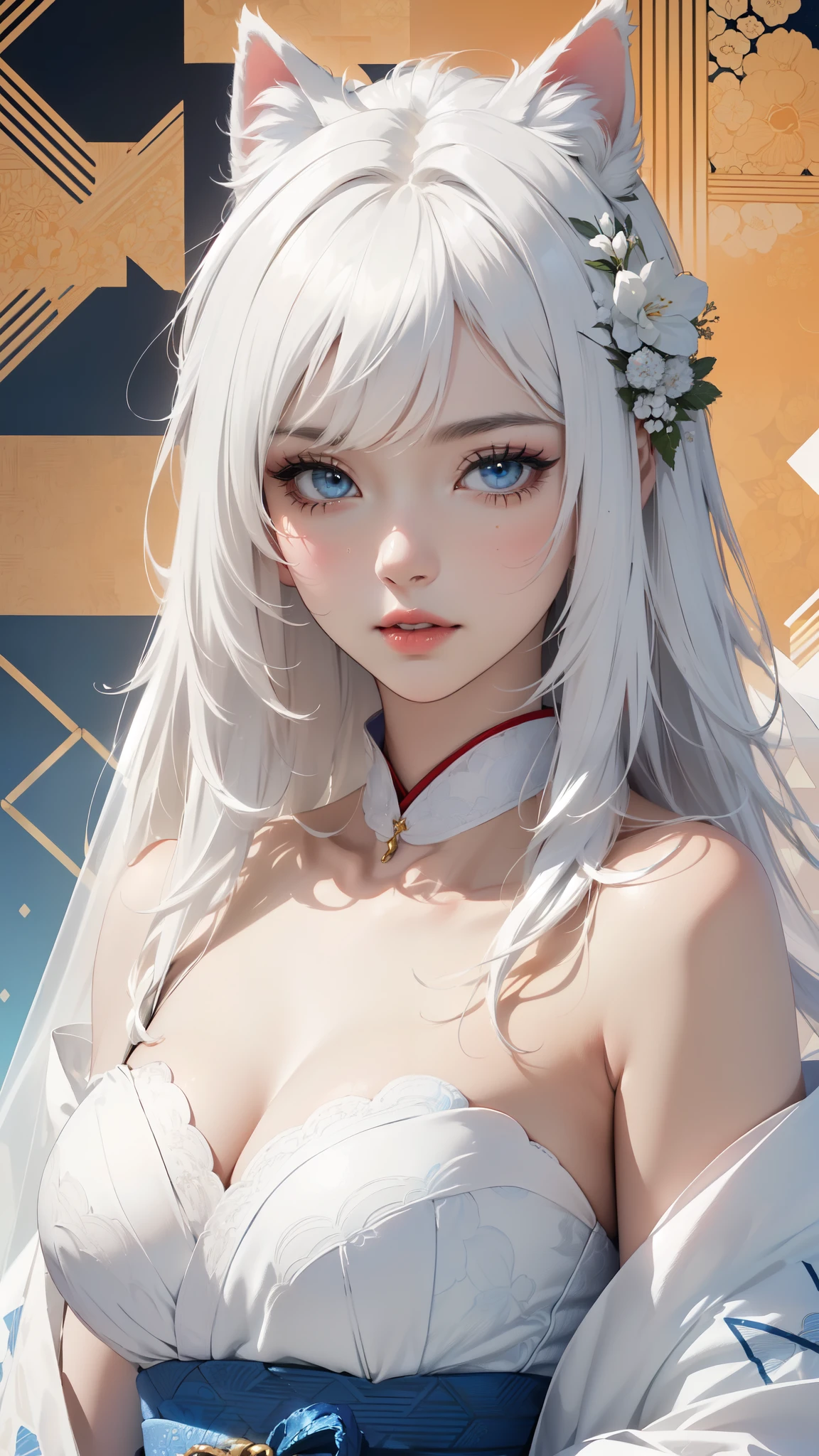 ((8k wallpaper of extremely detailed CG unit, masterpiece, hight resolution, top-quality, top-qualityのリアルテクスチャスキン)), (very beautiful and attractive woman, The upper part of the body, Landscape composition, Pose like a model, Wear a bride in white wedding dress:1.2, Japanese pattern beautiful dress:1.2), (messy, white shining hair, blue eyes, shining eyes, Plump lips, de pele branca, medium breast), (((Colorful background with geometric patterns, Japanese pattern background, warm color))), (high-angle:1.1), (hyper realisitic, digitial painting), Fox's ears, fluffy ears,