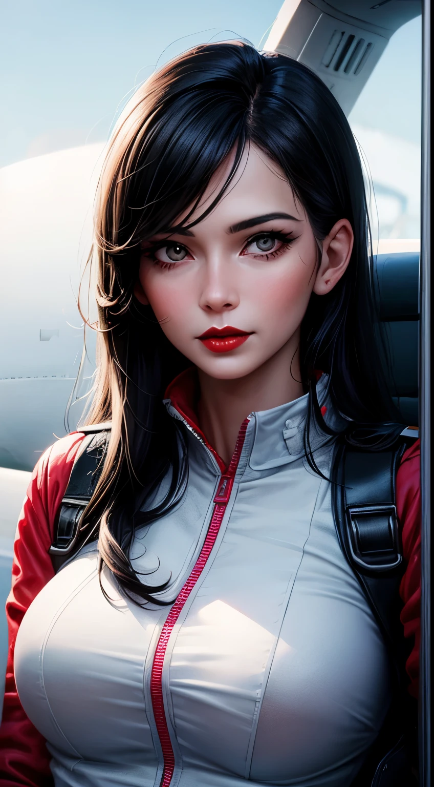 Woman, 30 years, adult, black hair, sexy airplane pilot, red lips, nigth, soft ligth, face detail, cut-in, fingers --style realistic-imagine -