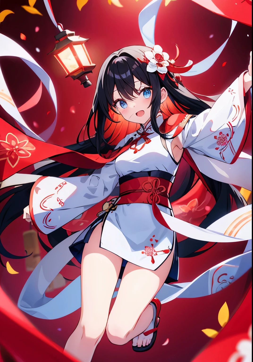 long black hair,Light blue eyes,White cheongsam decorated with red plum patterns,Red shawl with osmanthus pattern,Carrying a red lantern,jump up