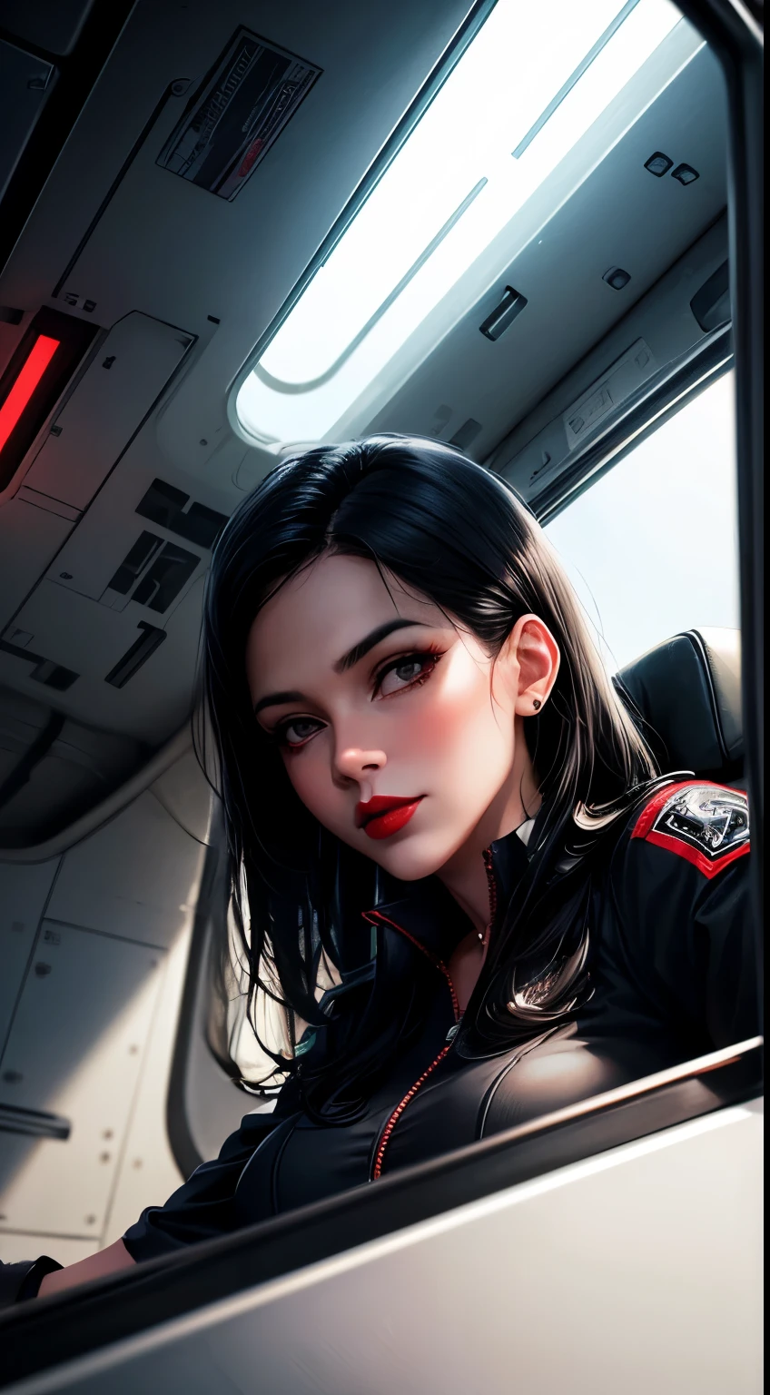 Woman, 30 years, adult, black hair, sexy airplane pilot, red lips, nigth, soft ligth, face detail, atmospheric, fingers --style realistic-imagine -