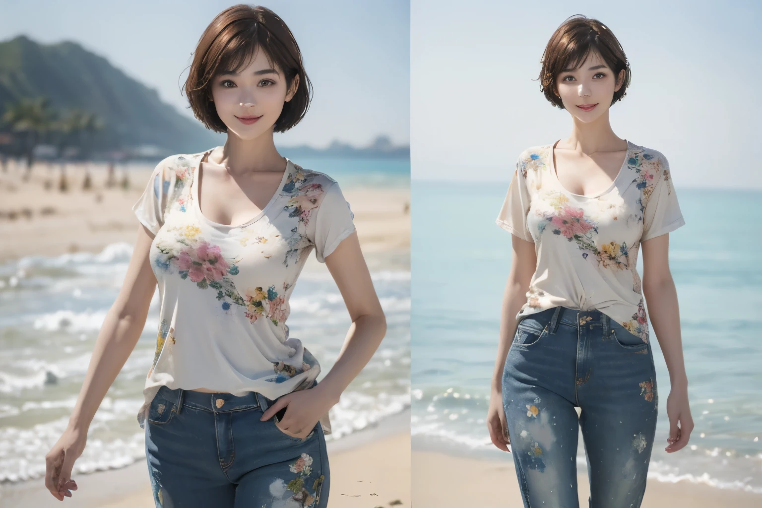 157
(Shorthair:1.46), (a 20 yo woman, standing), (A hyper-realistic), (Masterpiece), (8KUHD), (gentle smile), Slender waist, Wearing jeans, ((Floral Clothing - T-Shirts)), Wearing long pants, abstract splash painting, splash on the beach, (doodle:1.46), (breasts:1.46), (口紅)