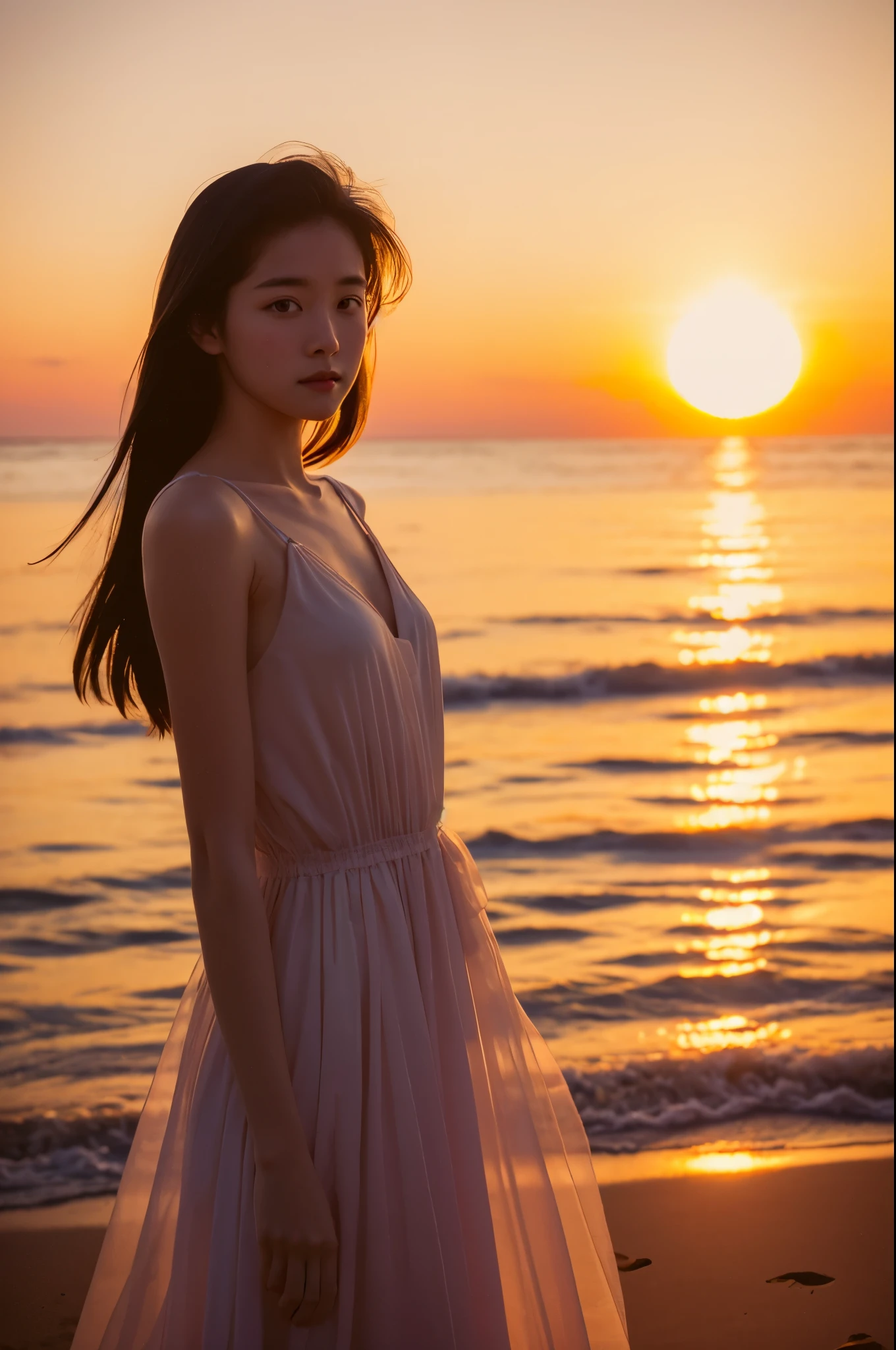 (masterpiece), (best quality), photography, f/1.4, lens fare, old film style, deep V dress, sexy, beach, sunset, twilight, golden time, hard lighting, face lighting