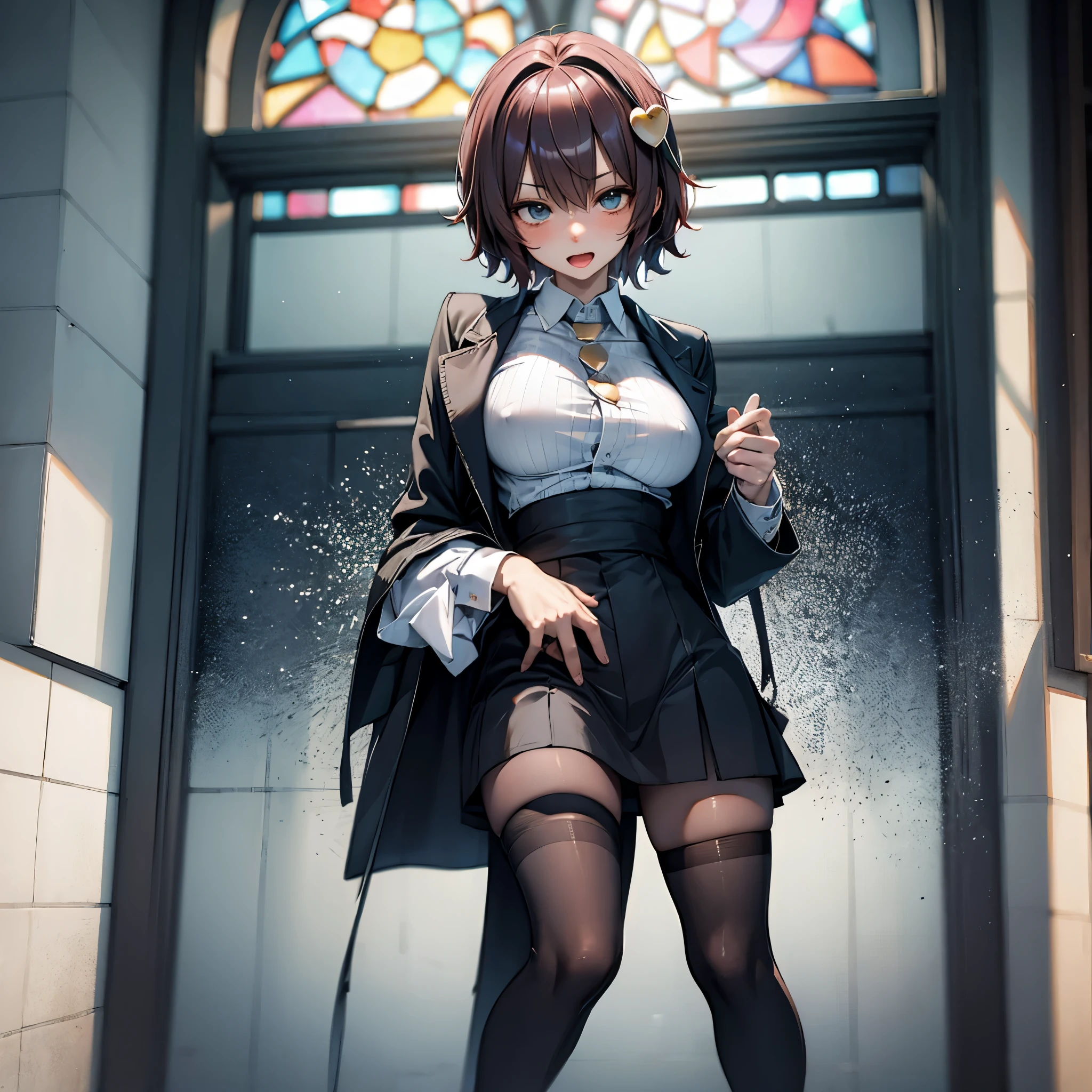 (Satori toho character:1.1), (solo), (standing), (stained glass), BREAK, short hair, (large perky breasts), (inconceivably short torso), (inconceivably thin waist:1.2), (very long legs), BREAK, (black blazer:1.3), (black thighhighs:1.35), (very short black high-waist skirt:1.3) cinches waist too tight, (highheels), BREAK, nose blush, sad smile, open mouth, BREAK, masterpiece, ultra-detailed, full body