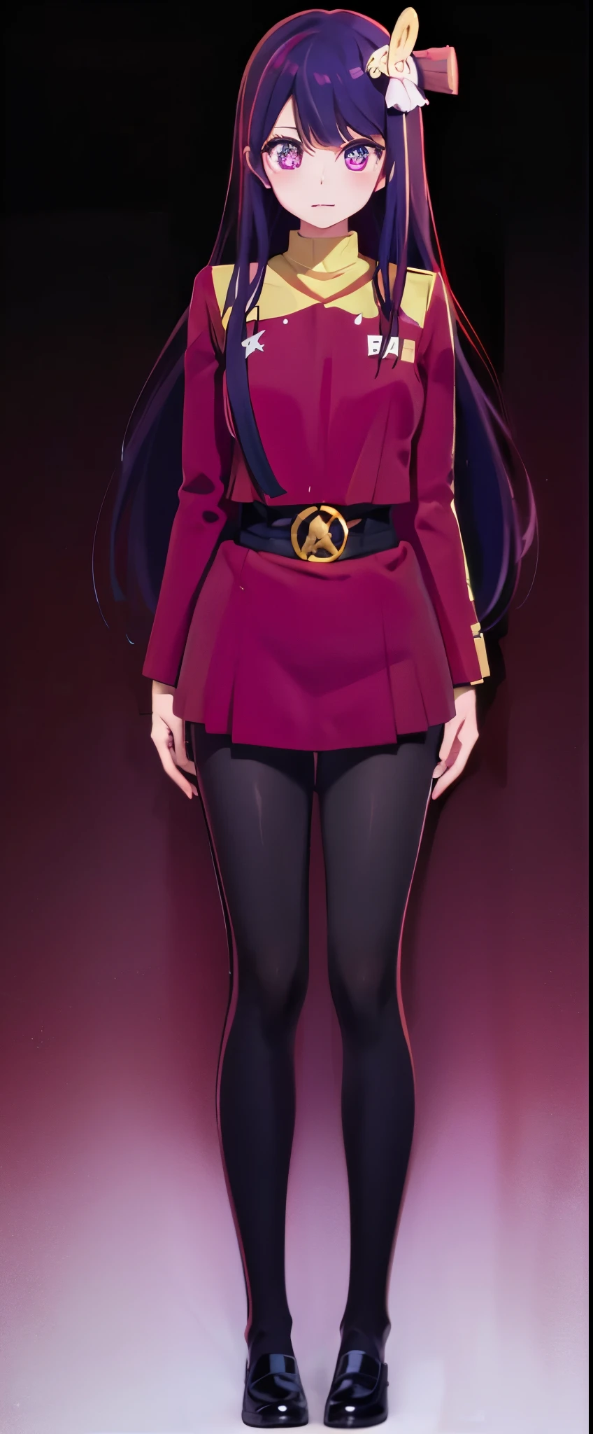  fullbody fullframe 1 solo Hoshino Ai, long hair, purple hair, streaked hair ,purple eyes, star-shaped pupils, hair ornament, red wokunf uniform 