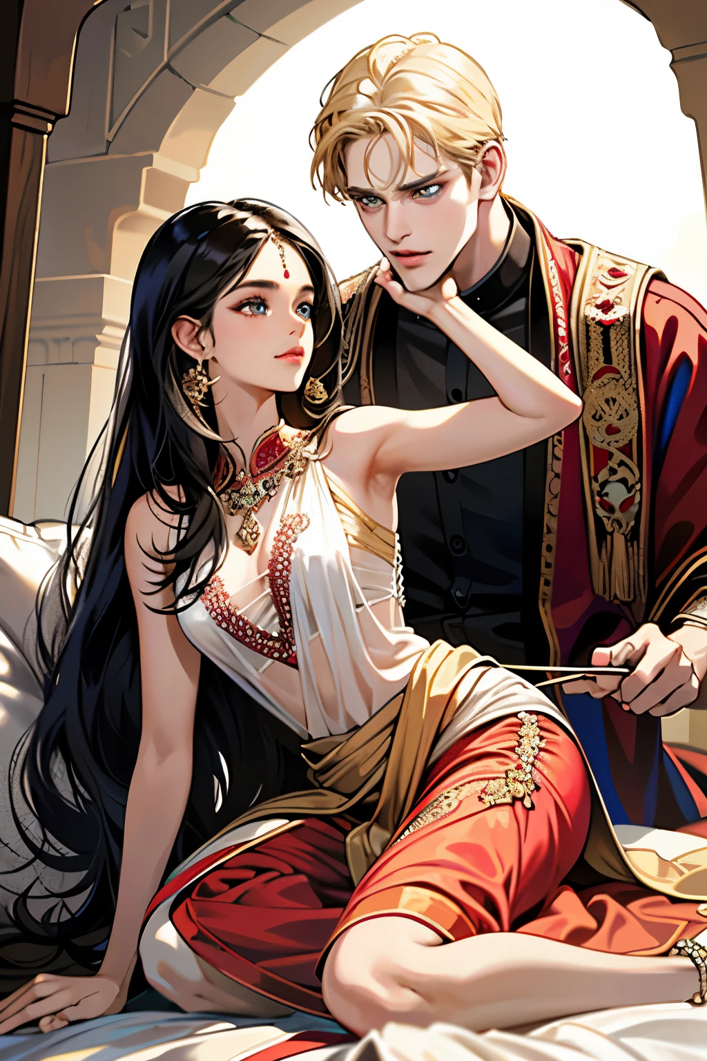 indian woman (fair, black hair, brown eyes, beautiful, youthful seductive) getting proposed by a blonde englishman (tall, blue-eyes)