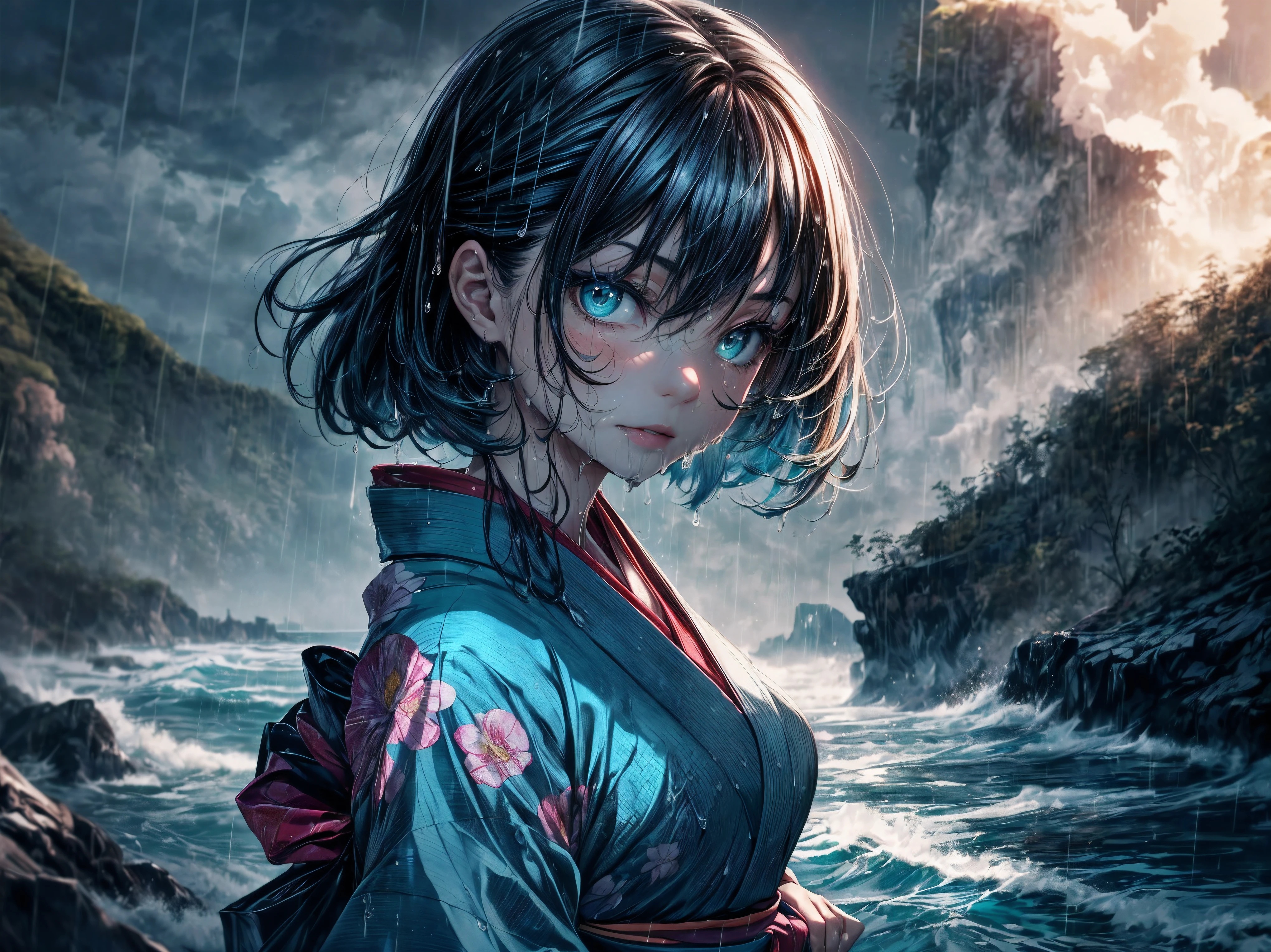 ((Throw)), (A 7 year old girl:1.2), (Very young ), (alone), ((small breasts)), (wide angle), bitter smile, original photo, Atmospheric distance perception, aesthetic, complex, won, cybernetic enhancement, chiaroscuro, best quality, Detailed background, (hazy atmosphere:1.2), (cloudy day),((Girl in teal 棉质kimono:1.2)), 棉质kimono, 棉质kimono, The best wrinkles, real wrinkles, best shade, Wind, (walk through (薄雾黑暗岩石cliff)), ((It's raining, downpour, raindrop)), (real location), Exquisite and beautiful eyes, casual gesture, Detailed texture, pose, (Anatomically correct body, Detailed face, (非常Detailed texturekimono与花卉图案), (wet, wet face, Mucus wrap, ((very wet) 纹理kimono), (wet hair), (black hair), thick hair, hair accessories, kimono, Heart, outdoor, pagoda, petal, 色彩缤纷的kimono, sash, ((cliff), the sea below cliff, (Raging sea, spray), Beautiful and detailed sea water),Sky, wide sleeves, yukata, ((cloudy, downpours))
