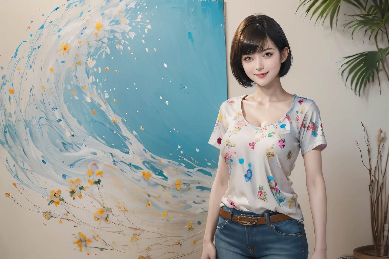 157
(Shorthair:1.46),  (a 20 yo woman, standing), (A hyper-realistic), (Masterpiece), (8KUHD), (gentle smile), Slender waist, Wearing jeans, ((Floral Clothing - T-Shirts)), Wearing long pants, abstract splash painting, splash on the beach, (doodle:1.46), (breasts:1.46), (口紅)
