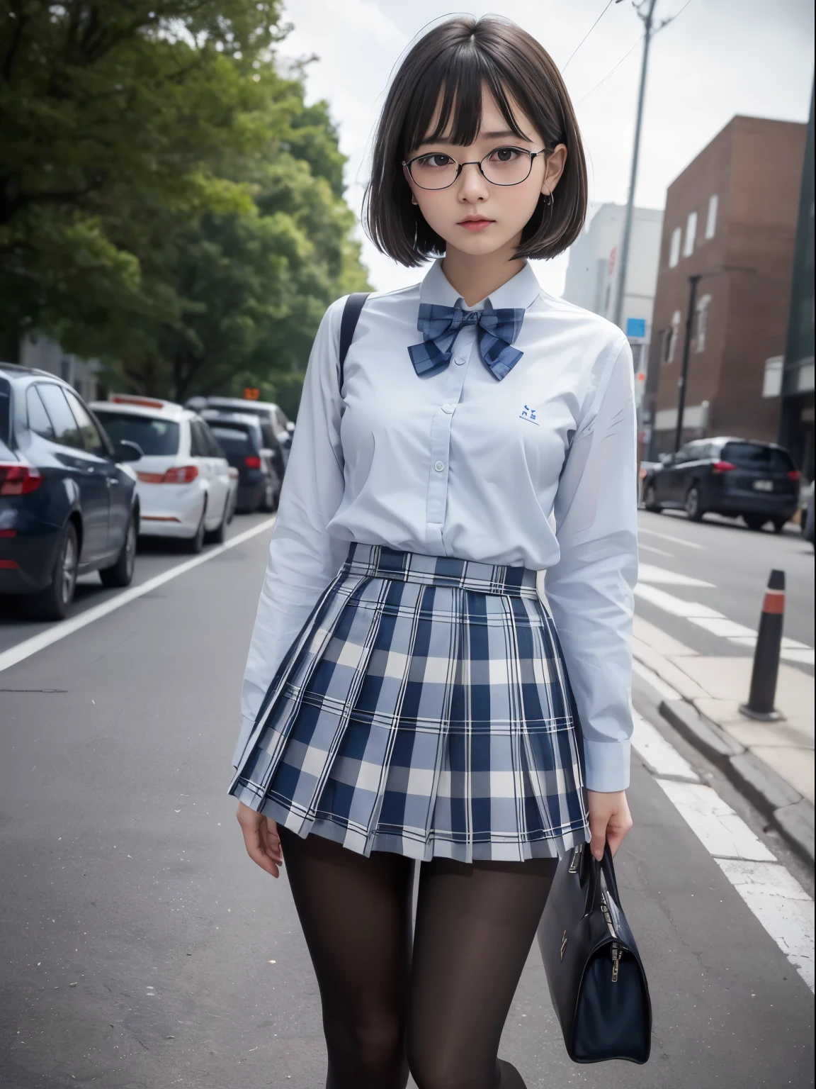 long bob cut、(I can see my underwear)、((細いeye))、((細いeye))、((細いeye))、(8K、生photographgraphy、highest quality、masterpiece:1.2),、small、(flat chest)、(flat chest)、(flat chest)、(flat chest)、(flat chest)、(Are thin)、Fair skin、Whitening、dark look、skinny,Fair skin肌,Saucy,Schoolの,looking at the viewer,looking straight ahead,high-pitched clothes,erotic,students,white skin,knees,(((black pantyhose)),((black pantyhose))),disorganized,(small face),(small face),I can see the forehead,Bangs hanging from the left and right sides of the forehead,(cold look,eyeがきつめ,glare,bullish,anger)、masterpiece,highest quality、ultra high resolution,生photograph,beautiful,beautiful,There is only one person, solo,Glasses,,dark look,small breasts same,full body,(まるGlasses),JK uniform,high school girl,japanese woman, (photorealistic:1.37)、School、photon mapping,Reality、beautiful woman,cute baby face,ブラウンeye、black socks、(red bow tie)、radio city、Physically based rendering、depth of field rally background、photograph,body,beautiful feet, long legs, thin legs,(I can see my bangs), Hairy pubic area, lips, blue_eye, nose soft,(light blue dress shirt), (Navy, blue and white plaid pleated skirt), kneesが見える,transparent clothing,, Peaches, black cotton socks,Nogizaka Idol, , japanese idol