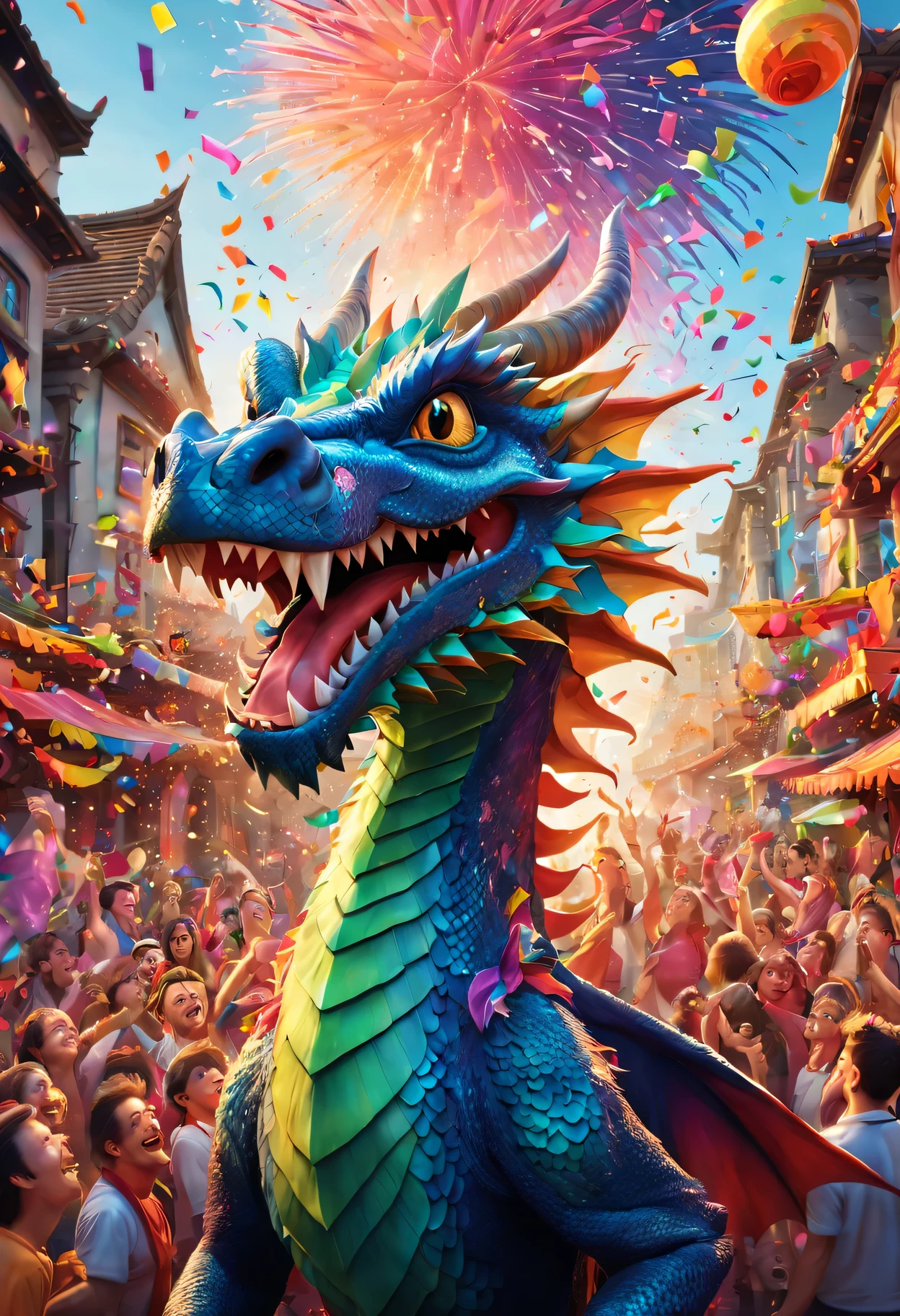 (best quality,3D,high resolution),
Detailed faucet,
Vibrant and colorful,
Dynamic movement,
Expressive eyes and mouth,
shining scales,
cartoonish style,
fun and happy,
festive atmosphere,
Dancing in the crowded streets,
imaginative background,
whimsical scenery,
Bright and cheerful colors,
fireworks creating a festive atmosphere,
Confetti and streamers rained down,
Dramatic shadows and highlights