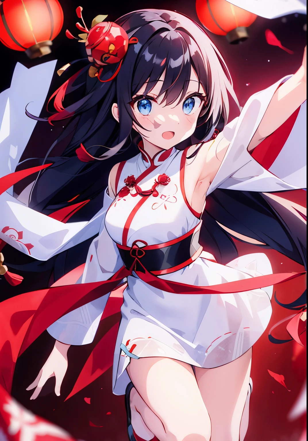 long black hair,Light blue eyes,White cheongsam decorated with red plum patterns,Red shawl with osmanthus pattern,Carrying a red lantern,jump up