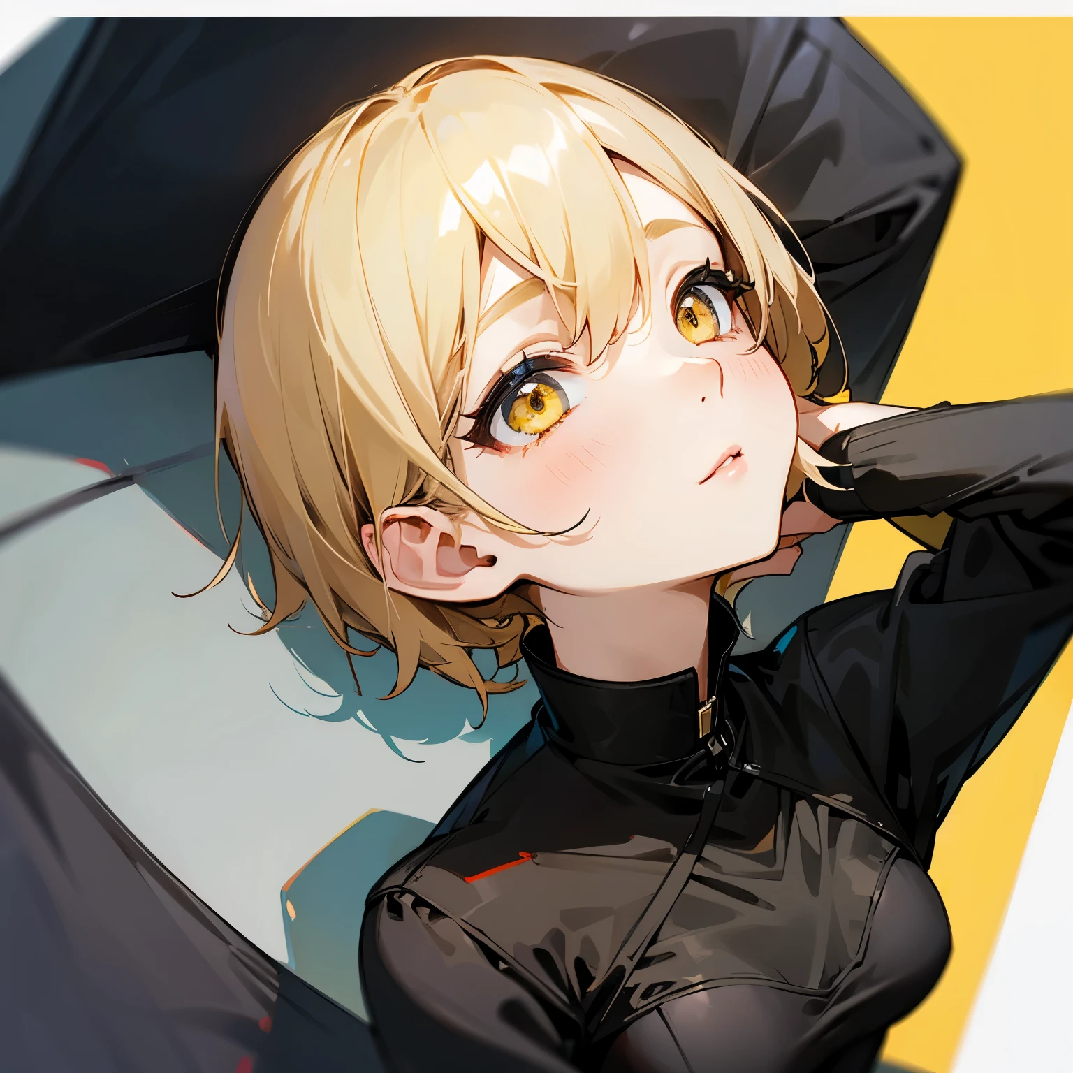 female、short hair、black suit、blonde、yellow eyes、looking up a little