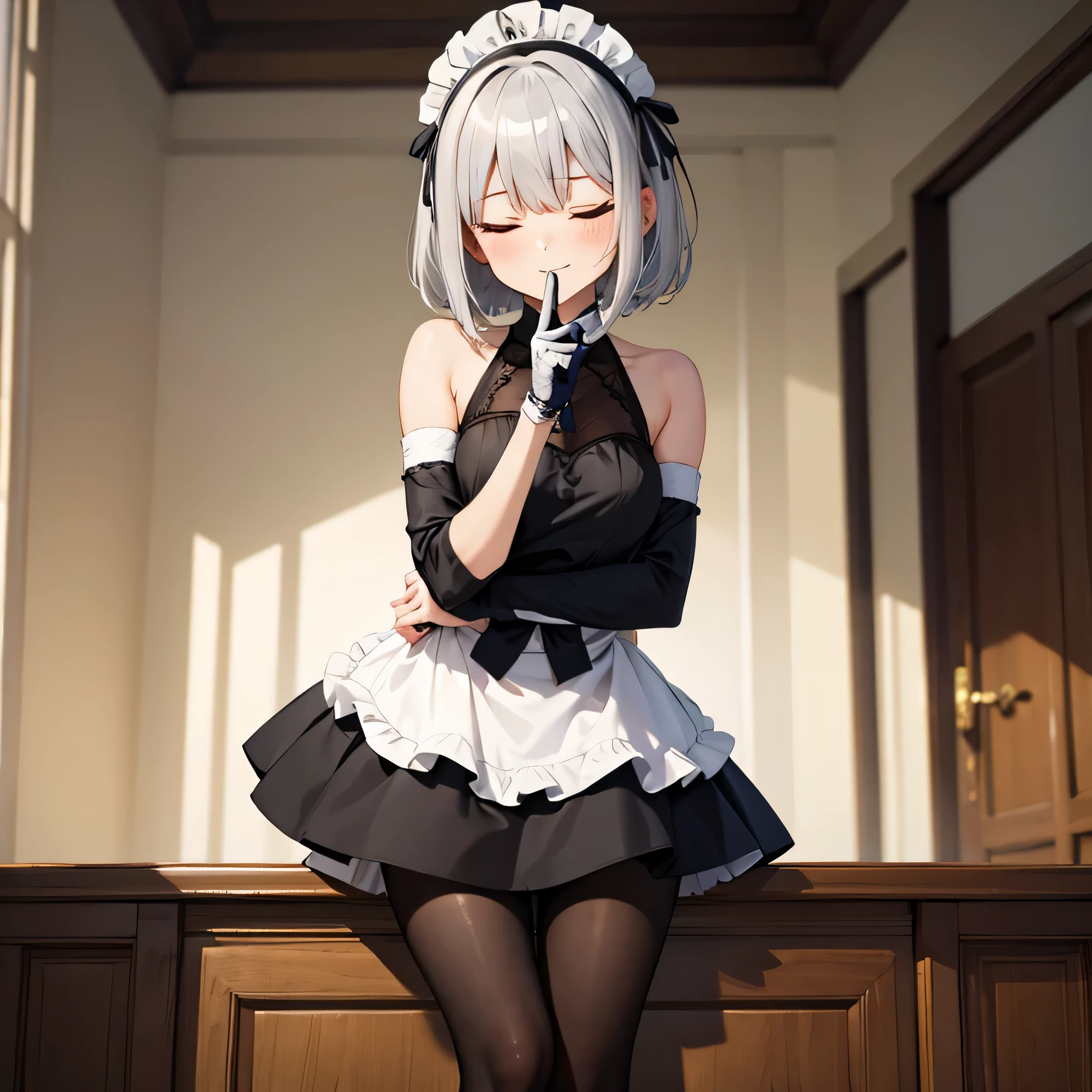(masterpiece, highest quality),1 girl, medium bob hair,bangs,silver hair,shiny hair,shoulder length,Tsurime,black gloves, (half closed eyes),black pantyhose,Refers to small words,low length,light smile,Maid clothes,leaning forward,crossed arms,Put your index finger to your mouth,suspicious,No exposed legs,small breasts