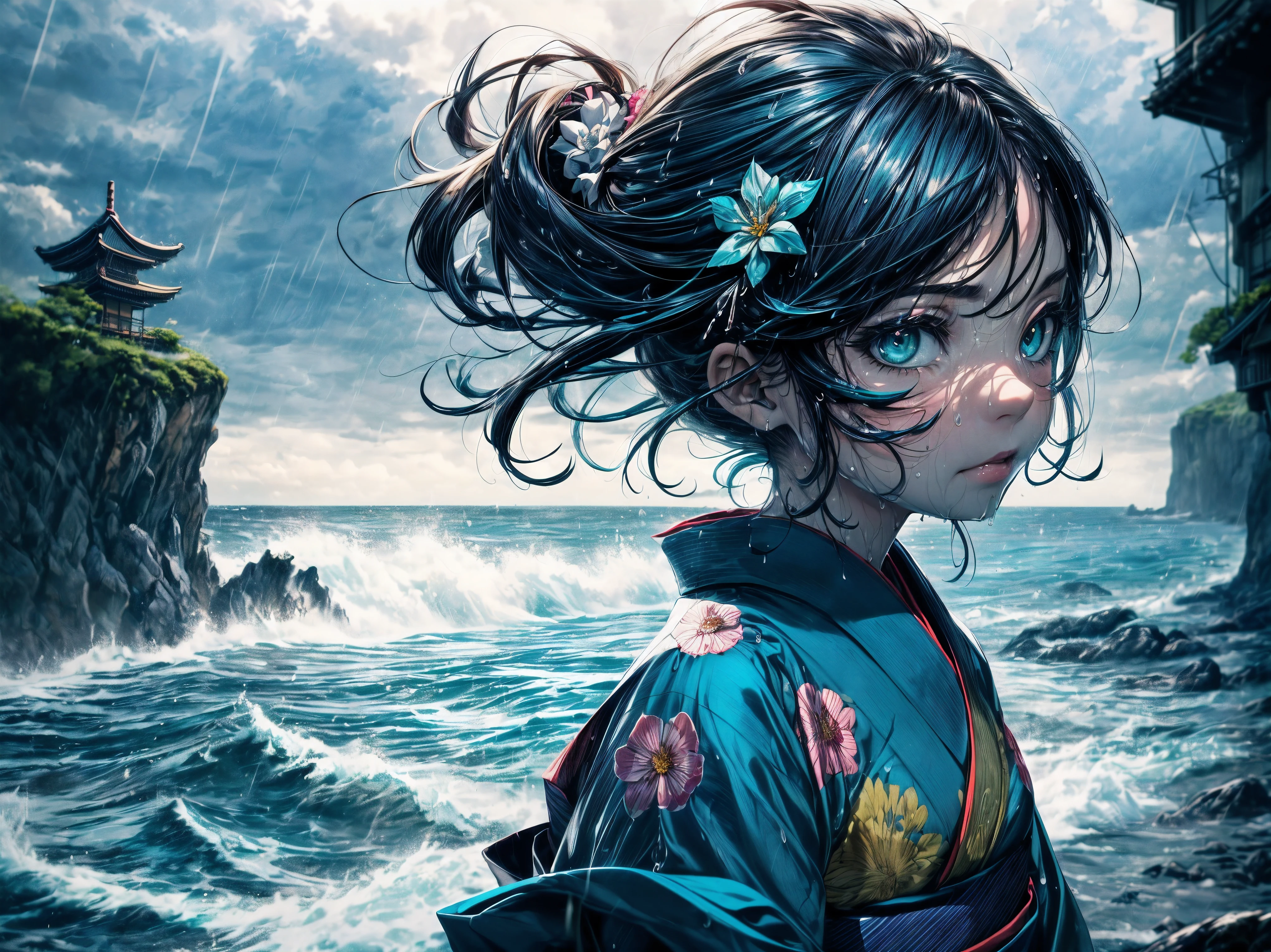 ((Throw)), (A 7 year old girl:1.2), (Very young little girl), (alone), ((small breasts)), (wide angle), bitter smile, original photo, Atmospheric distance perception, aesthetic, complex, won, cybernetic enhancement, chiaroscuro, best quality, Detailed background, (hazy atmosphere:1.2), (cloudy day),((Girl in teal 棉质kimono:1.2)), 棉质kimono, 棉质kimono, The best wrinkles, real wrinkles, best shade, Wind, (walk through (薄雾黑暗岩石cliff)), ((It's raining, downpour, raindrop)), (real location), Exquisite and beautiful eyes, casual gesture, Detailed texture, pose, (Anatomically correct body, Detailed face, (非常Detailed texturekimono与花卉图案), (wet, wet face, Mucus wrap, ((very wet) 纹理kimono), (wet hair), (black hair), thick hair, hair accessories, kimono, Heart, outdoor, pagoda, petal, 色彩缤纷的kimono, sash, ((cliff), the sea below cliff, (Raging sea, spray), Beautiful and detailed sea water),Sky, wide sleeves, yukata, ((cloudy, downpours))